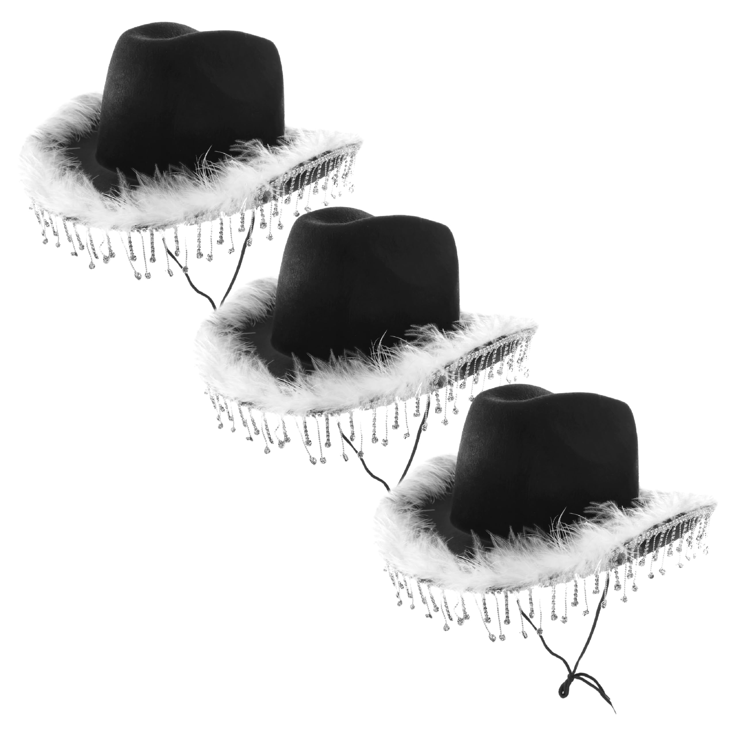 Adults Diamanté & Marabou Cowgirl Hat - Pack of 3 - Black Felt Cowboy Hat with Marabou Trim and Diamanté Detailling - Adults Feather Trim Glitter Bling Cowgirl Hat Western Party Fancy Dress Accessory