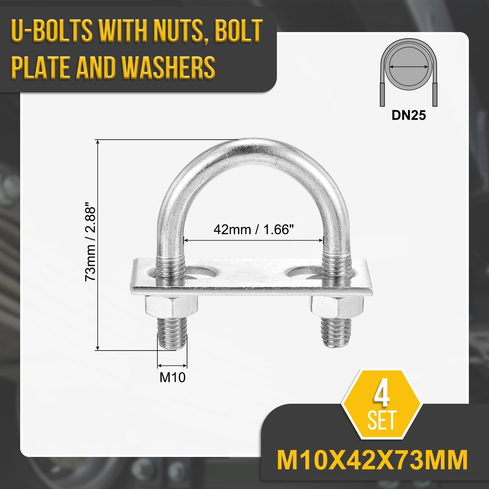 DTGN M10x42x73mm U Bolts Round Kit, 4Set, 304 Stainless Steel U-Bolt Kit with Nuts, Washers, Frame Plate, Good for DN25 Pipe - Image 2