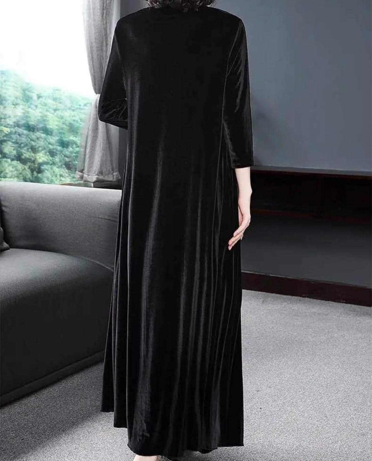 Velvet Long Sleeve Maxi Dress for Women Fall Wedding Guest Cocktail Dresses Loose Fit Crew Neck Flowy Plus Size - Image 3