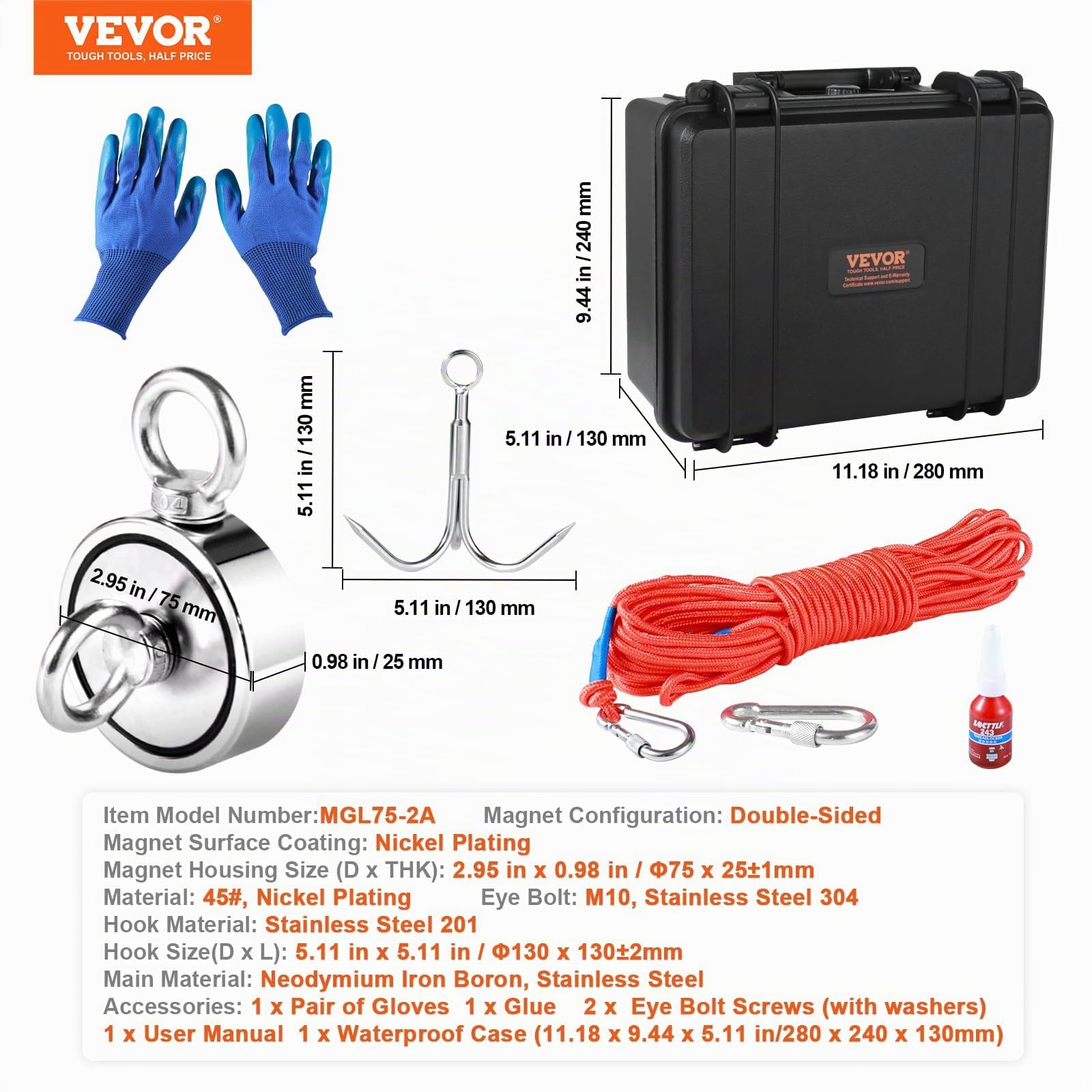 VEVOR Kit da Pesca con Magnete Bifacciale Capacità Carico max. 272x2kg in Totale, Kit da Pesca con Magnete al Neodimio con Corda, Kit di Magnete a Doppia Faccia per Pesca Caccia al Tesoro Sott'Acqua