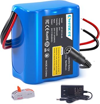 22.2V-24V 2.6Ah Lithium Battery, 22.2V-24V Rechargeable Li-ion Battery with Charger, Bare Leads Wire, Cable Connector for Kids Ride On Cars, DIY Project, Solar Panels, LED Light Strip, CCTV Camera
