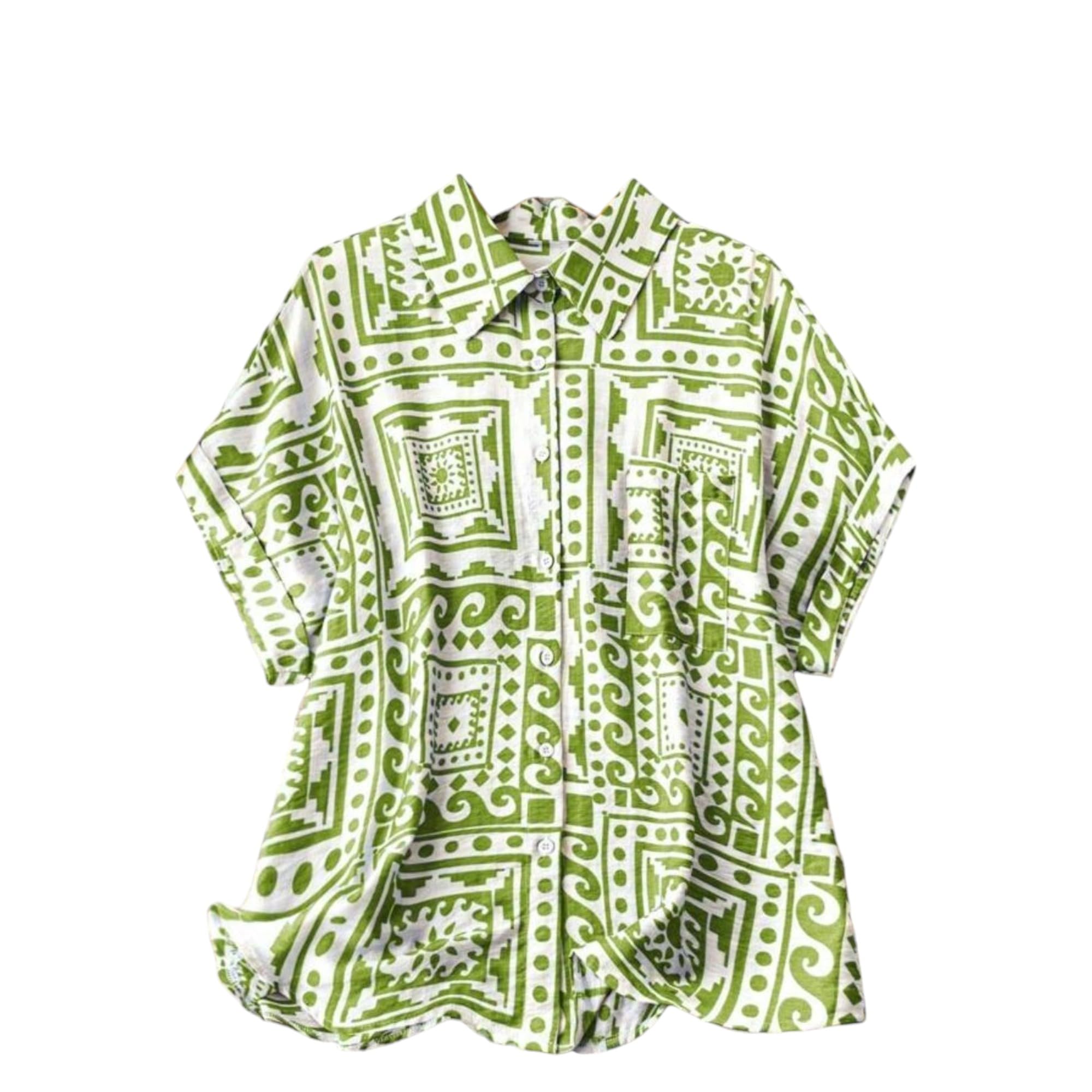 Gufrina Women's Polyester Shirt with Pocket Half Raglan Sleeves Spread Collar Neck Geometric Printed Relaxed Fit and Standard Length
