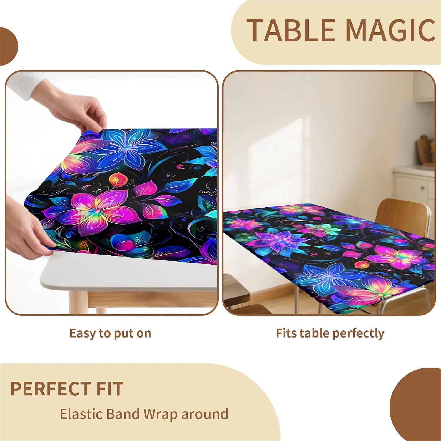 artslion Rectangle Waterproof Tablecloths Elastic Edge for Secure Fit-30 x 72 inch Wipeable Table Cover Non-PVC Fabric Colorful lotus Designs Indoor Outdoor Use - Image 2