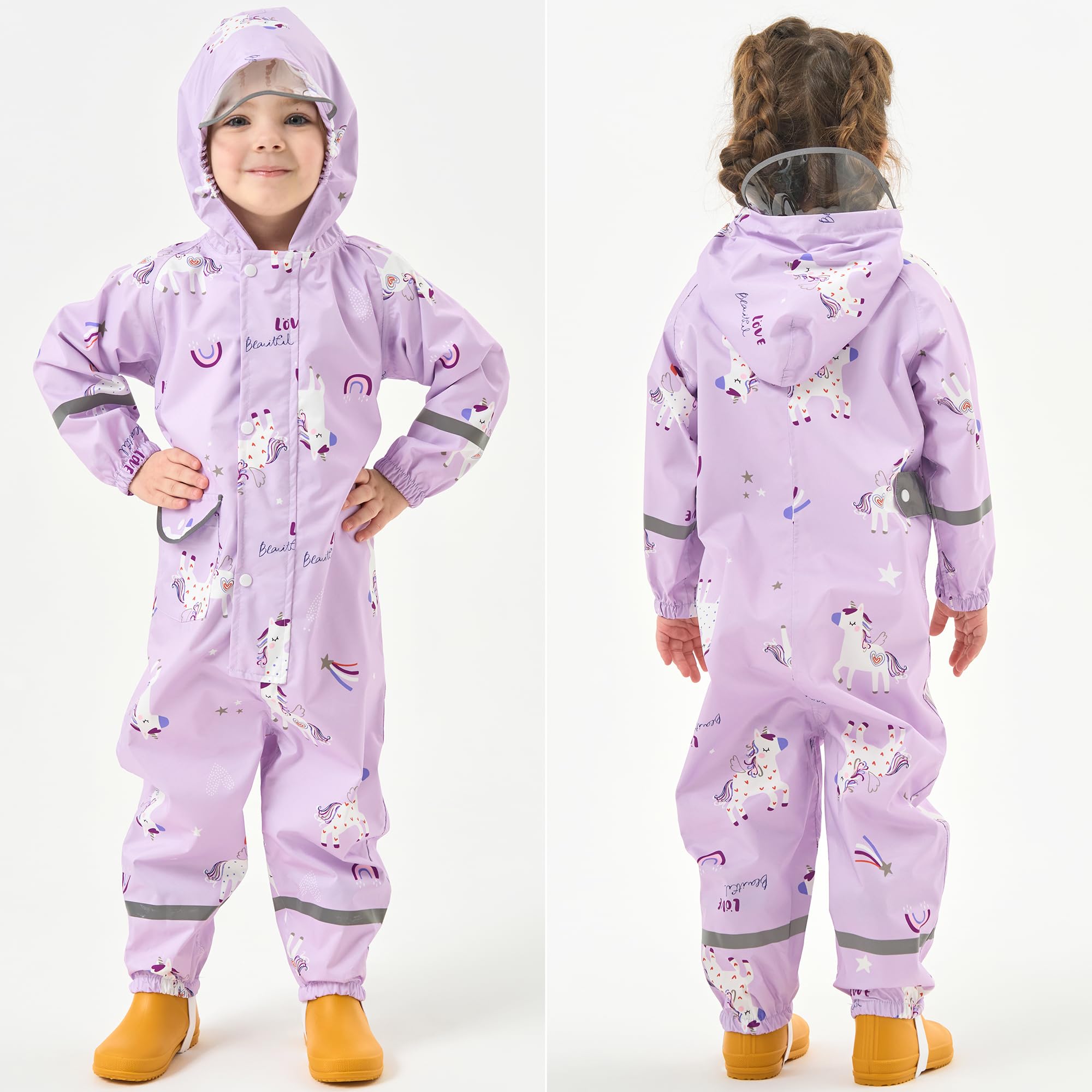 Fewlby Chubasquero Niñas Traje Impermeable, Chaqueta de Lluvia Poncho con Capucha Niños Traje de Lluvia Abrigos Impermeables Reutilizable Mono Impermeable 1-10 Años