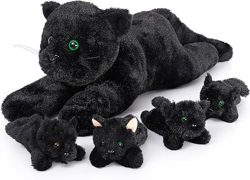 MaoGoLan 5 piezas de peluche de gato negro con 4 bebés en el interior, animales de peluche de gato negro grande de 20 pulgadas, regalo realista y