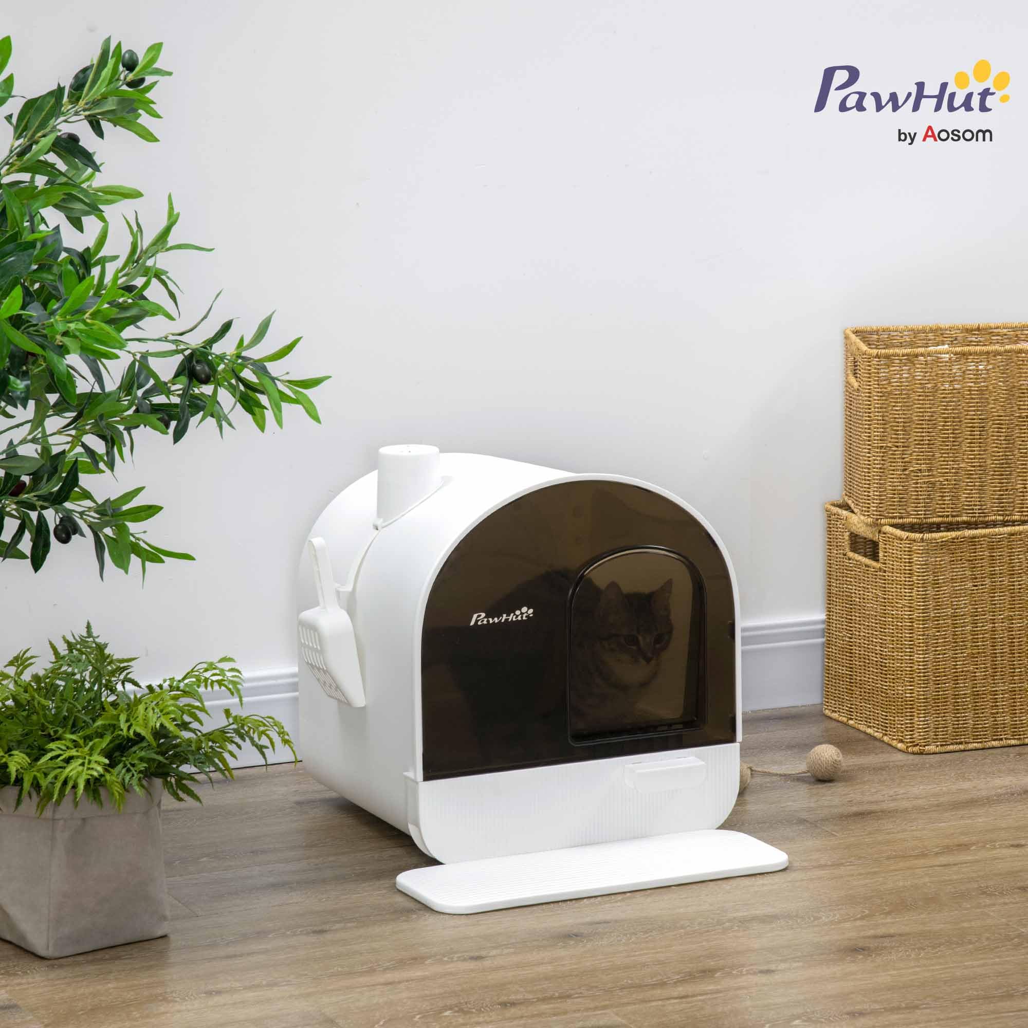 PawHut Arenero Cerrado para Gatos Bandeja Extraíble 43x44x47 cm Blanco | Caja de Arena para Gatos, Pala, Alfombrilla Antirrastreo, Filtro para Control de Olores, Puerta Abatible, Fácil de Limpiar