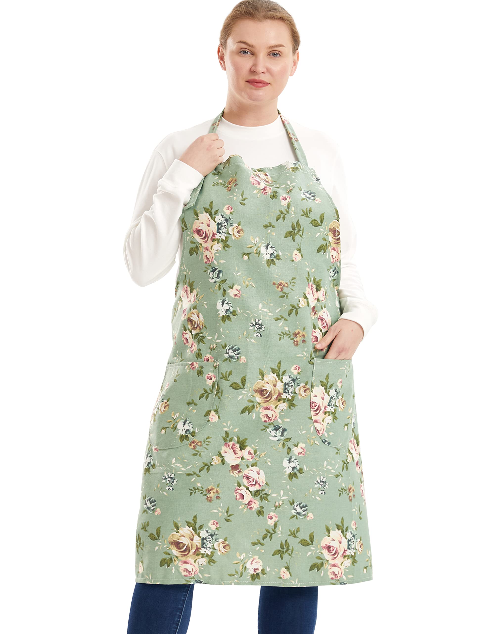 APRONNER Cotton Linen Baking Plus Size Aprons for Women with Pockets Kitchen Cooking, Flower No.25, 2X/3X