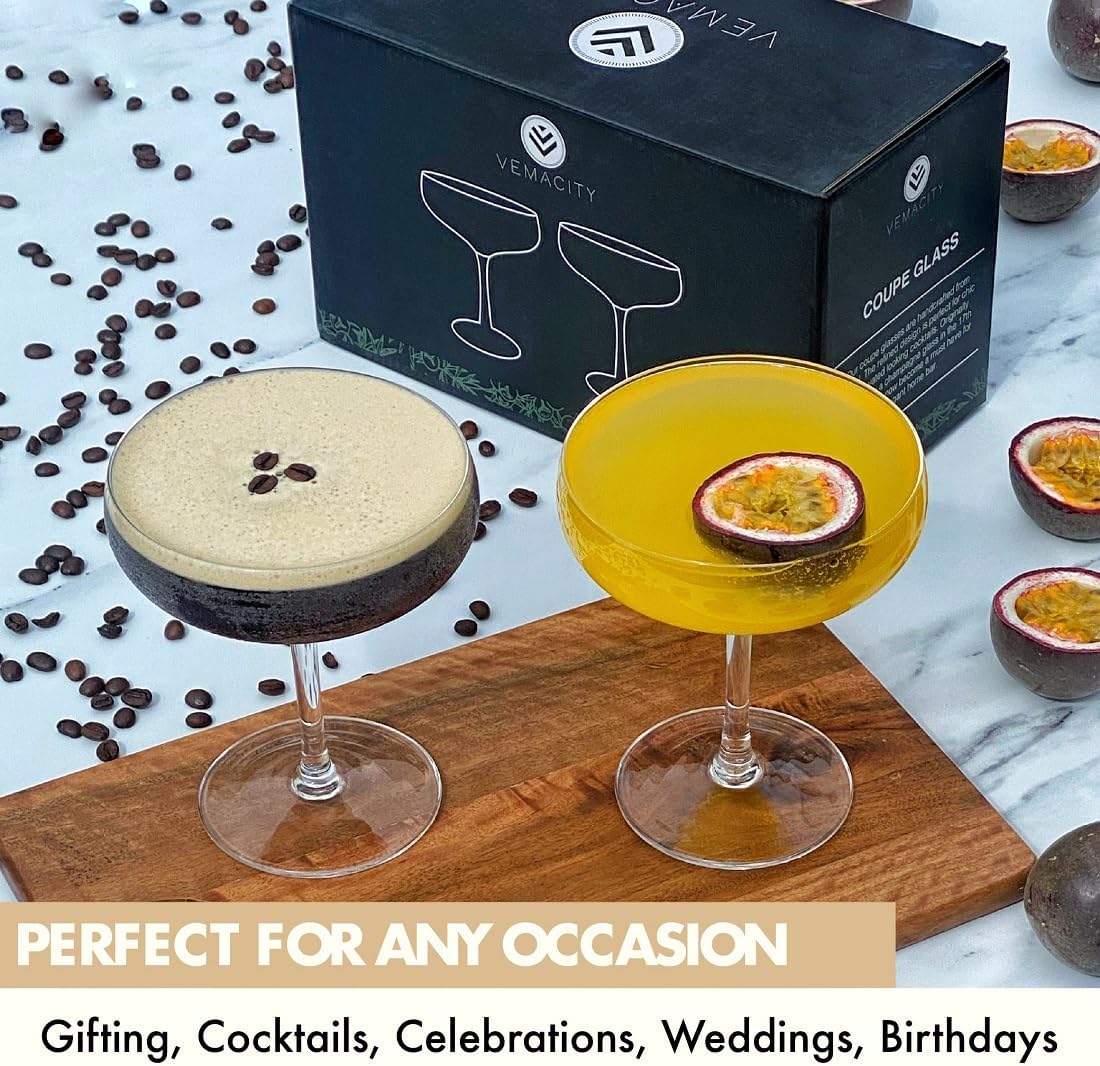 VEMACITY - Elegant Handblown Coupe Cocktail Glasses Set of 2 (10oz) - Crystal Espresso Martini Glasses, Champagne Saucers - Vintage Glassware | Wedding Gift | Ideal for Martinis and Margaritas