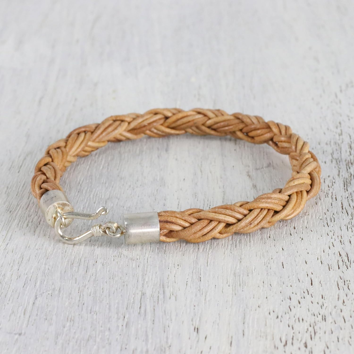 NOVICA Artisan Handmade Men's Leather Braided Bracelet from Thailand Sterling Silver [8.25 in L 7 mm W] ' Thai Insight in Caramel'