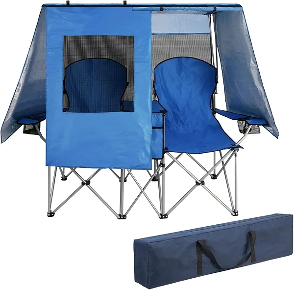 BESTHLS Double Camping Chair with Canopy Shade - Heavy Duty 600D Outdoor Loveseat for Adults, 2-Person Beach Chair with Umbrella, Folding Camp Loveseat for Fishing, Sports, Patio (Blue)