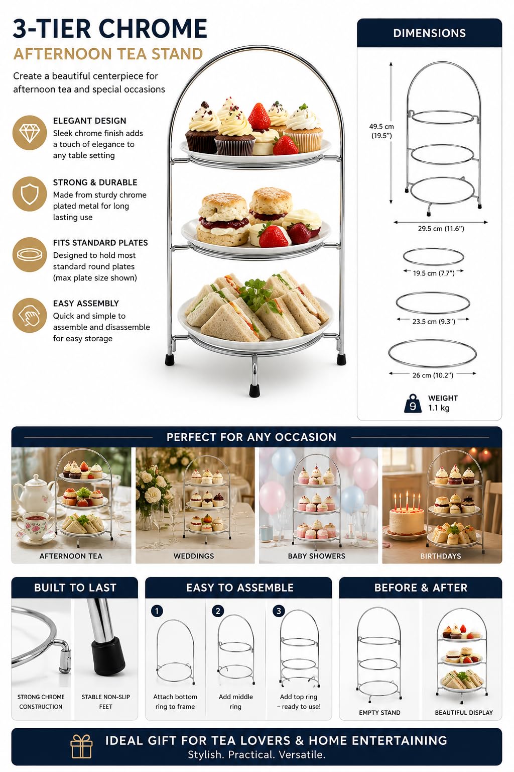 Soporte de té para platos de 3 niveles de alambre cromado Soporte para tartas para el hogar, jardín, té, fiesta, comedor, HTUK®