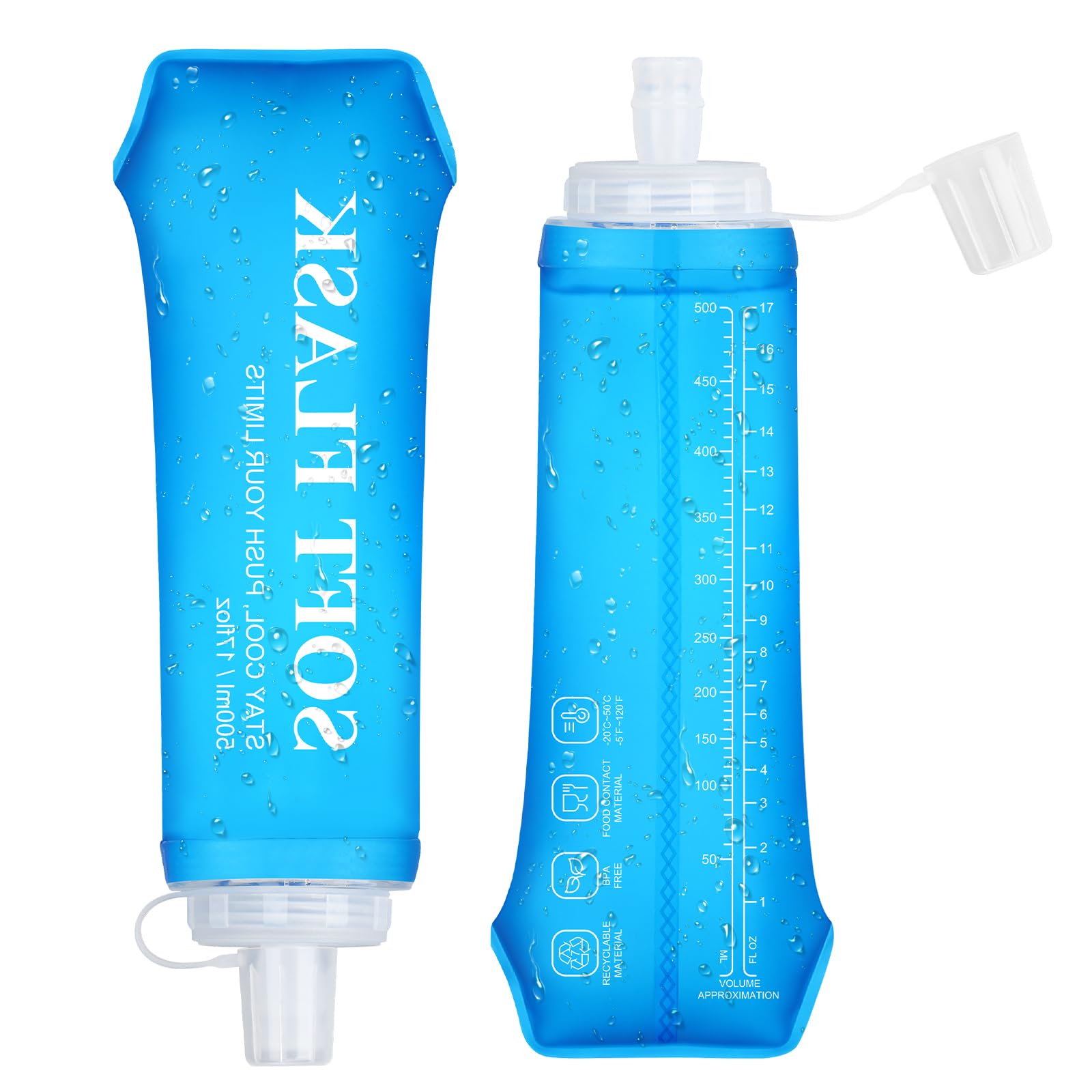 Euqvunn Collapsible Water Bottle 2PCS, BPA-Free Reusable Soft Flask 500ml with Leakproof Cap, Foldable Water Bottle for Running, Walking, Hiking, Camping Cycling