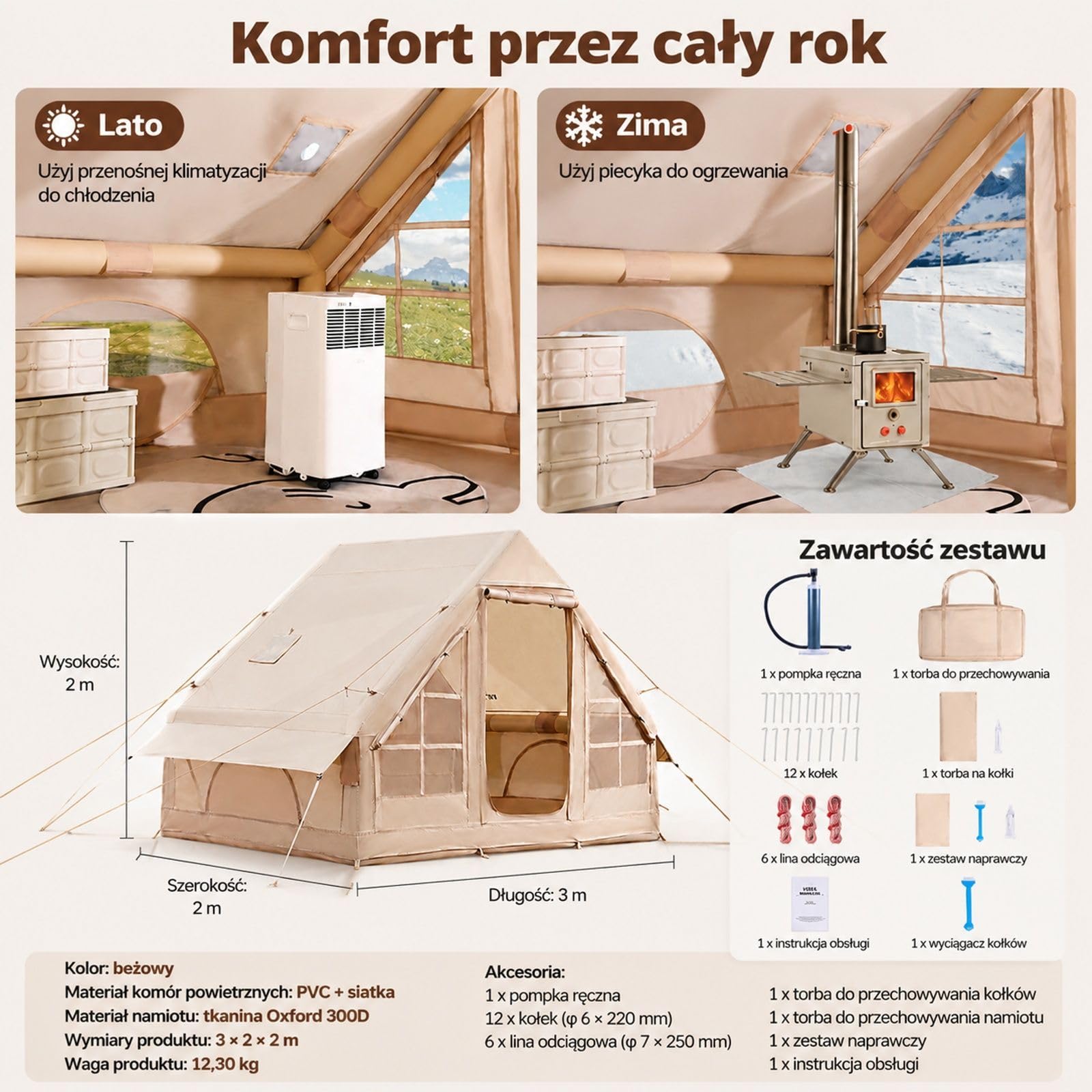 Nadmuchiwany namiot kempingowy dla 3–5 osób, beżowy namiot glampingowy z tkaniny Oxford, pompką ręczną, 2 drzwiami, 2 oknami z siatki i torbą