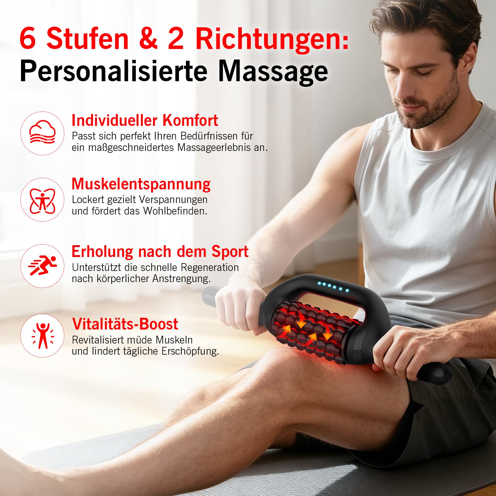 Elektrische Faszienrolle Rotlicht Elektrisch Massageroller | Klopfmassage, 6 Stufen, Freihand-Station, Deep Tissue Massagegerät für Rücken Nacken Beine Ganzkörper, Muskelentspannung