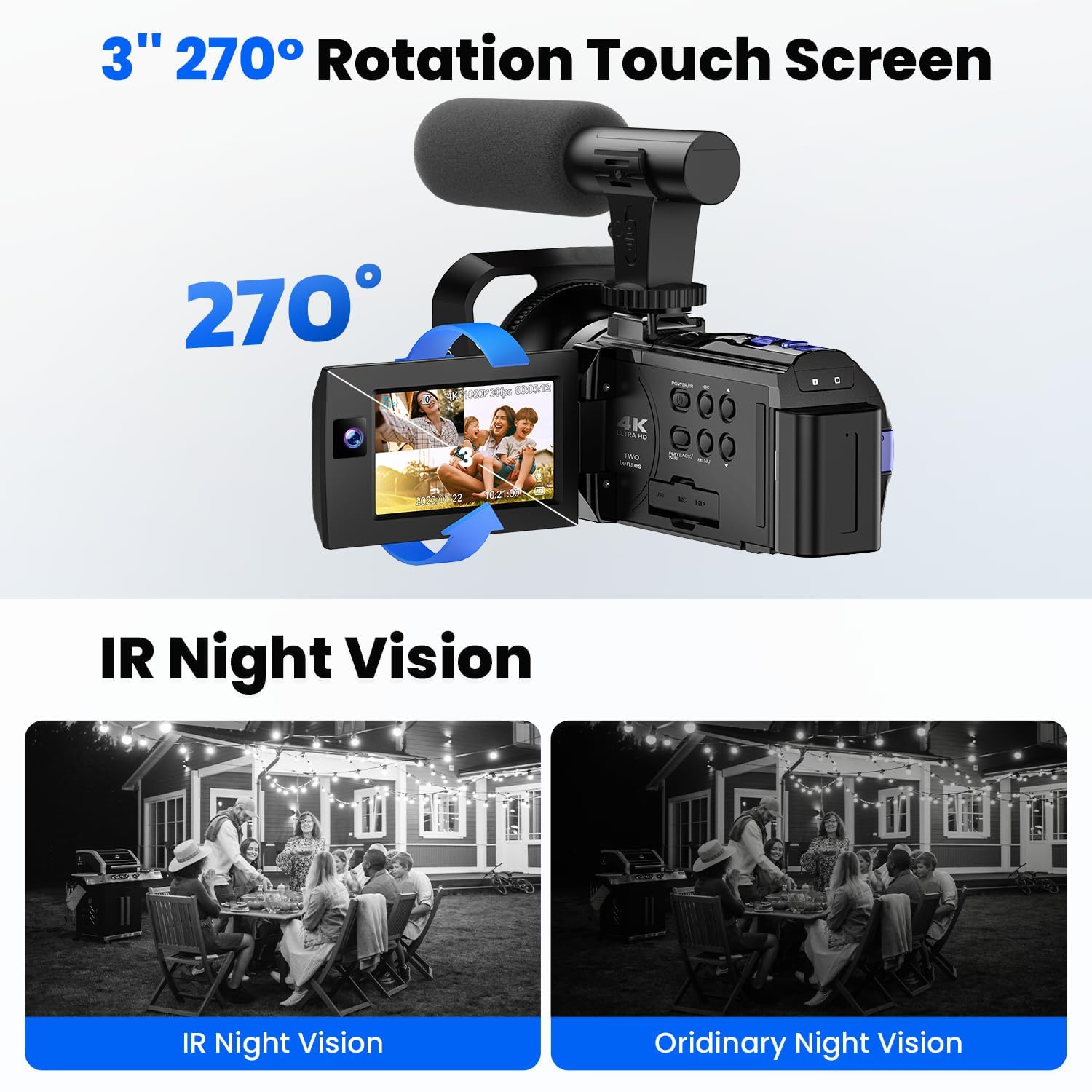 Camcorder Video Camera 5K, Dual Lens Vlogging Camera for YouTube, 3” 270° Rotatable Touchscreen WiFi 56MP Night Vision Cam Corder with 64GB SD Card, Microphone, Tripod, Stabilizer, Remote, Batteries
