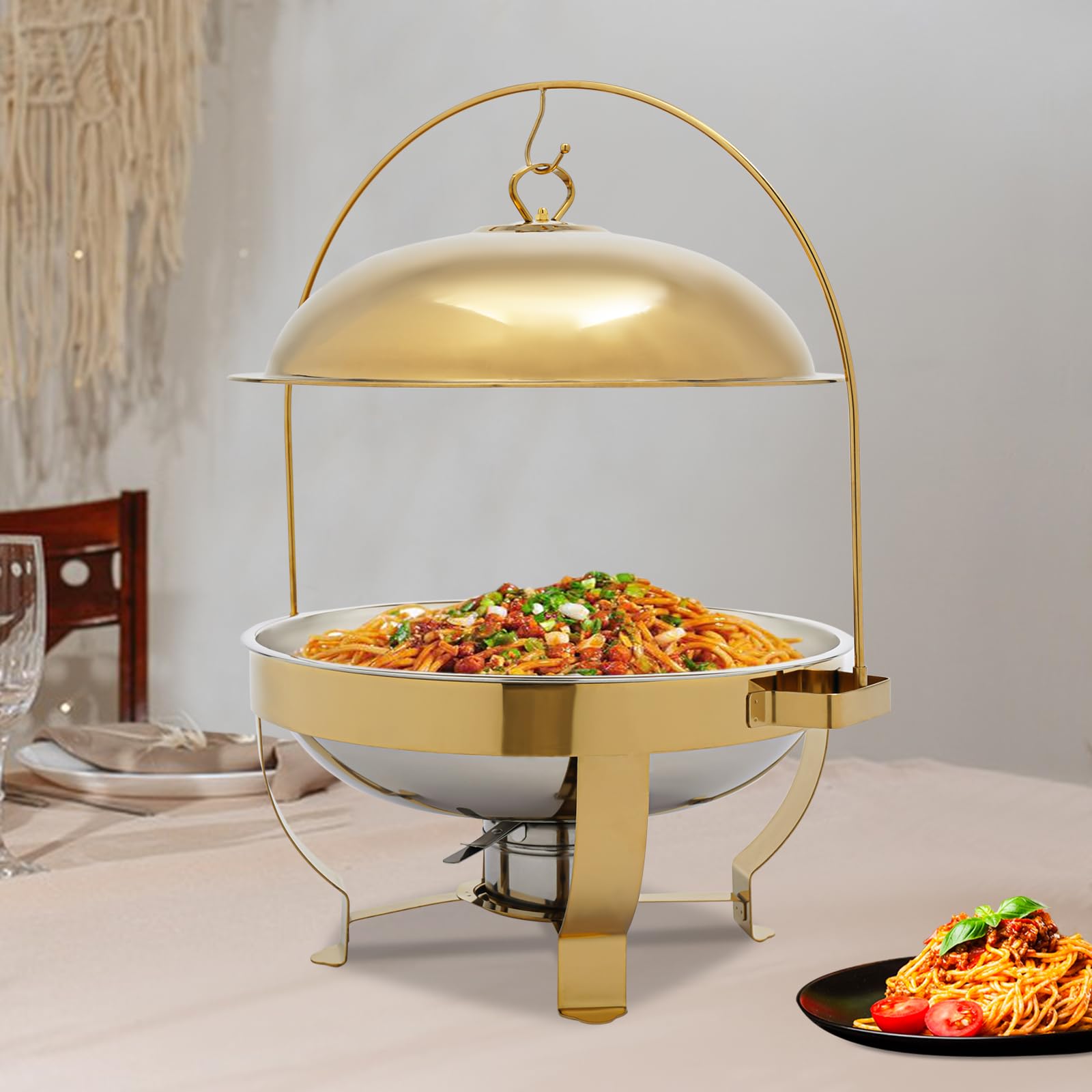 8L Gold Round Calentadores de Comida para Buffet Acero Inoxidable Chafing Dish para Hoteles, Cafeterías, Restaurantes, Reuniones Familiares, Banquetes, Bodas, Fiestas