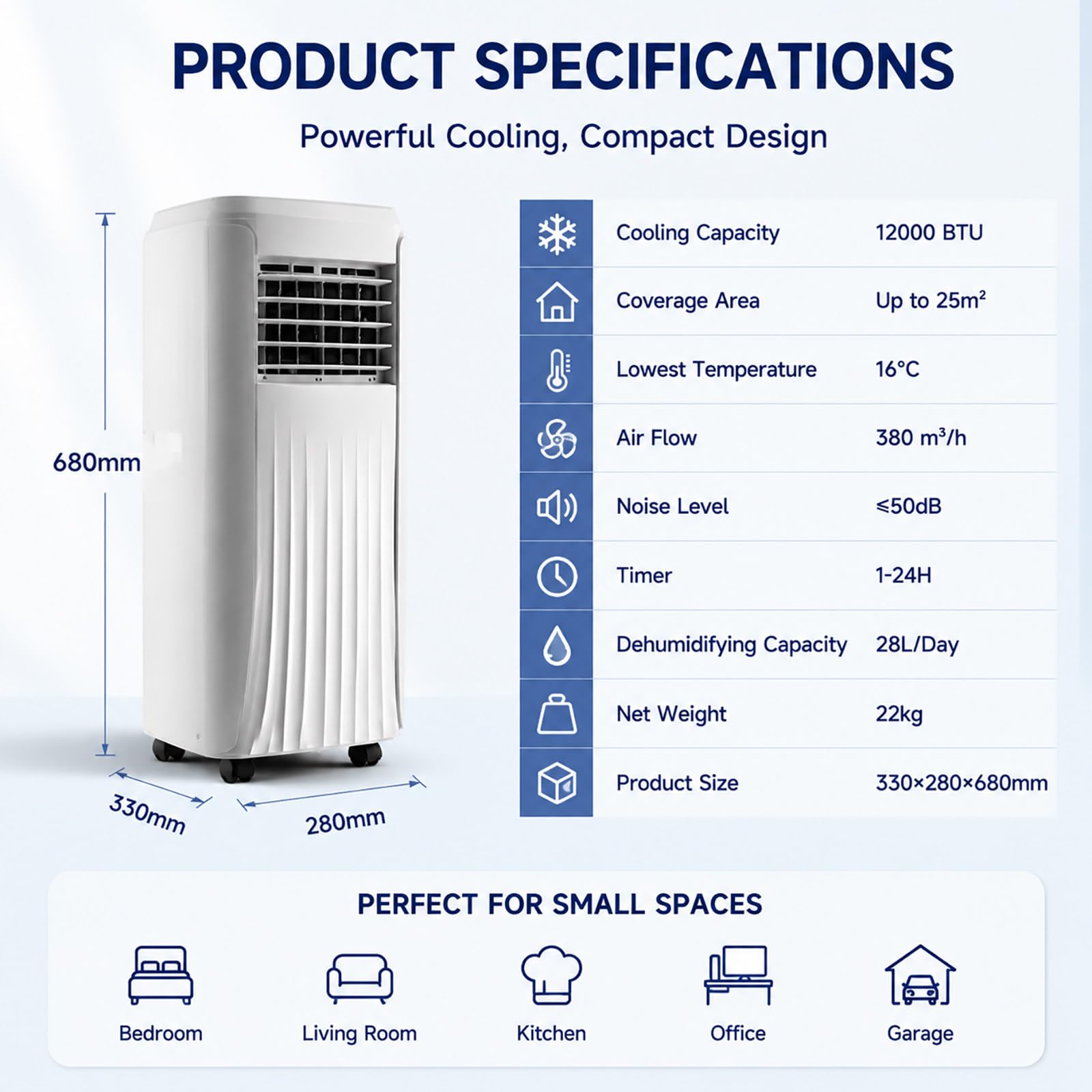 Przenośny klimatyzator 3 w 1 o mocy 12 000 BTU – chłodzenie (powierzchnia 25 m²), osuszanie i wentylacja, timer 24-godzinny, pilot zdalnego sterowania; do domu, biura i akademika