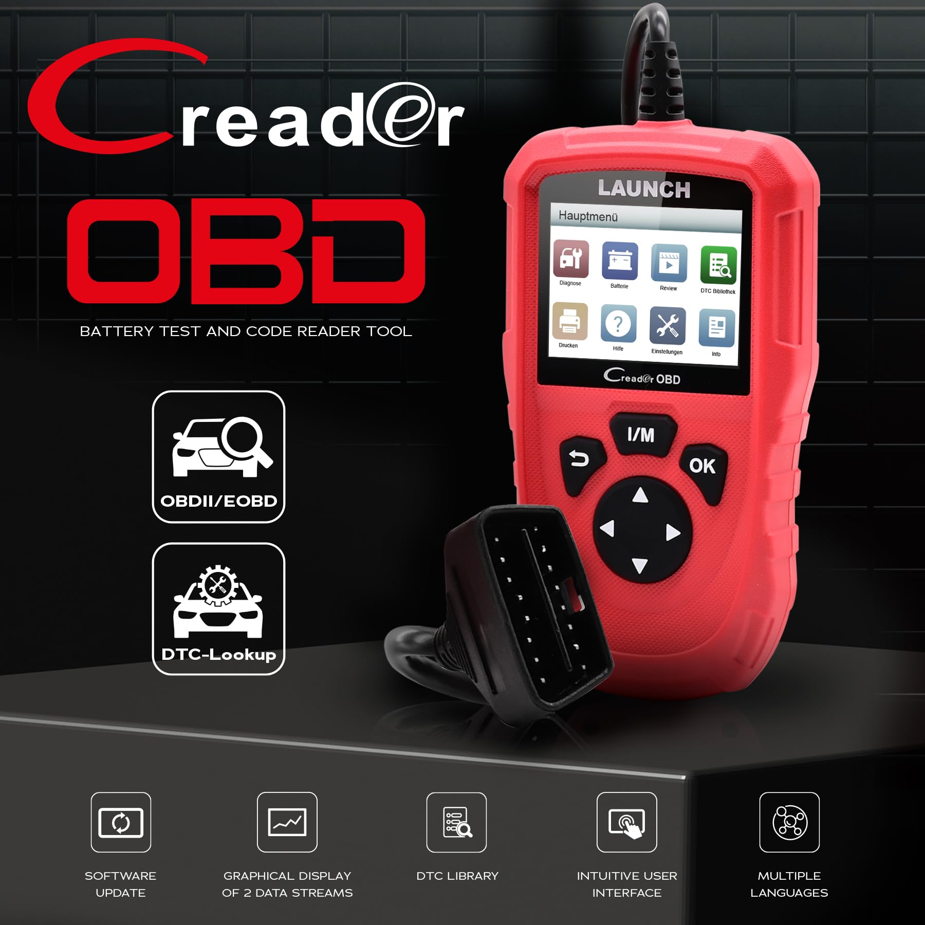 Launch CR OBD OBD2 Diagnosegerät,OBDII/EOBD Diagnose Fehlerspeicher Auslesen, KFZ Auslesegerät Auto mit DTC-Definition, I/M-Bereitschaft, EVAP &O2-Sensortests,8 Sprachen, 2,8 Zoll TFT Farbbildschirm