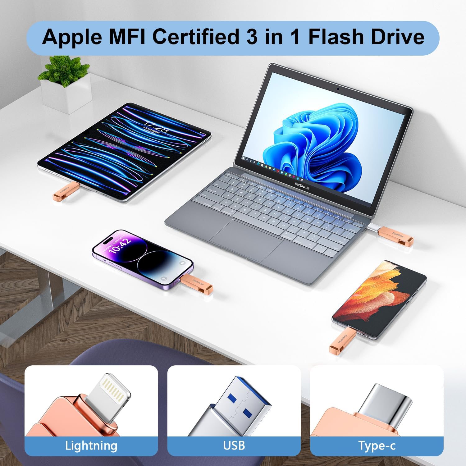 (No APP Required) MFi Certified iPhone Photo Stick, USB Flash Drive 512GB for Photo/Video Backup, 3 in 1 iPhone Memory Stick, High-Speed Thumb Drive Compatible for iPhone/iPad/Android/PC Pink - Image 3