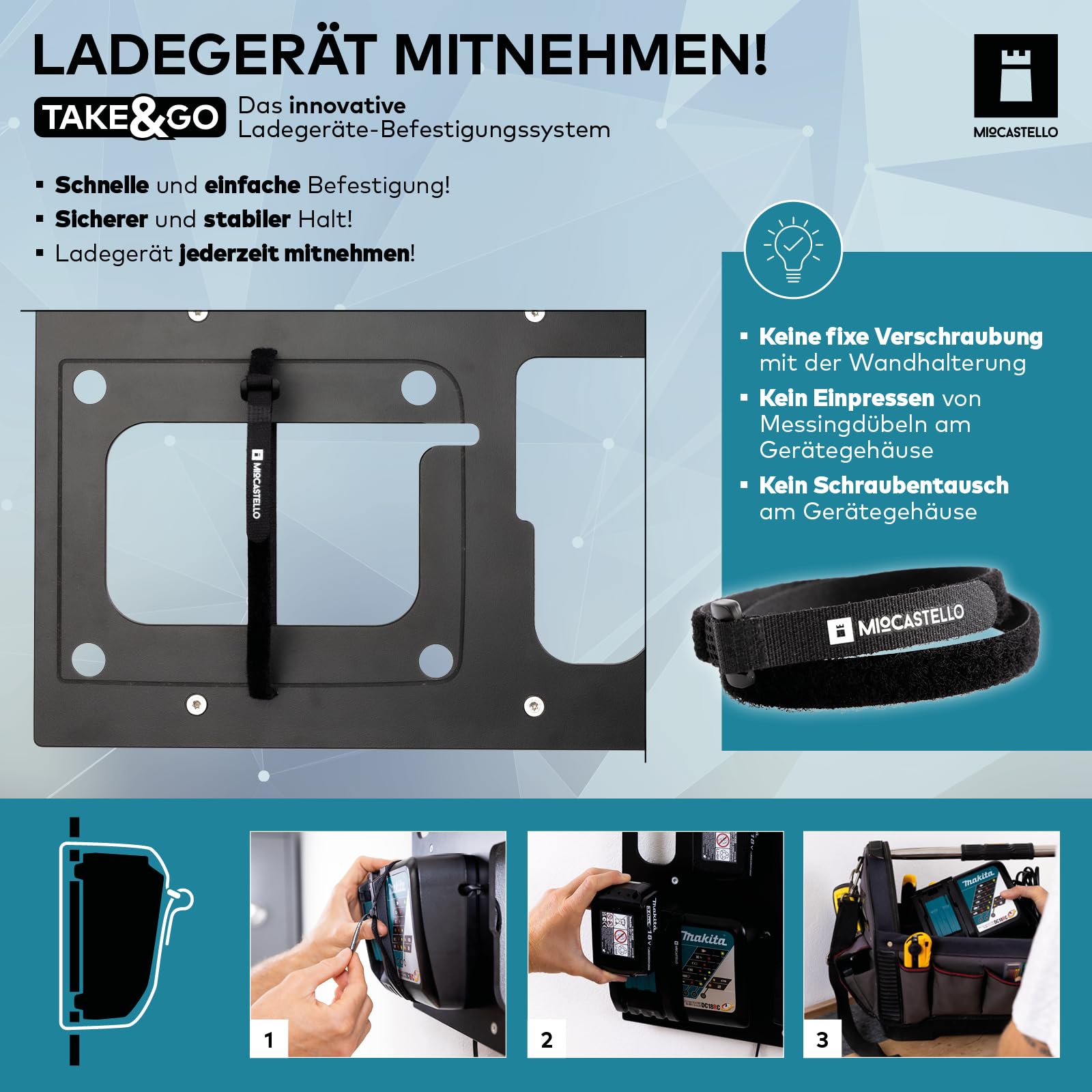TAKE&GO Wandhalterung für Makita Akkus und Ladegerät – mit cleverer Ladegerät-Befestigung für festen Halt sowie einzigartige Flexibiltät und Mobilität beim Laden (Farbe: Schwarz)