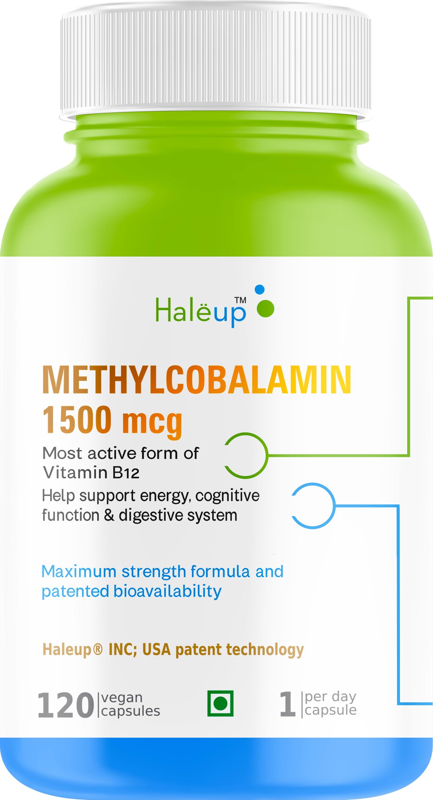 Haleup Vitamin B12 Tablets 1500mcg -Active form of Methylcobalamin B12 Supplement for Men & Women- 120 Veg capsules