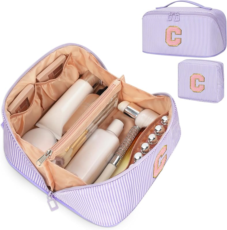 Bagmoly Necessaire de maquiagem personalizada com inicial, conjunto com 2 peças, Roxo C