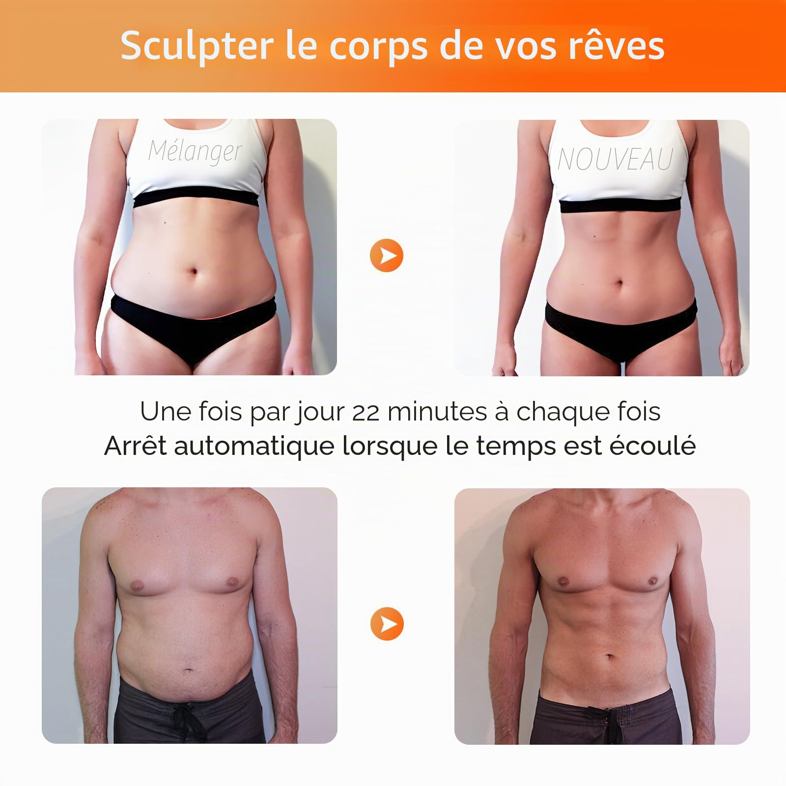Stimulateur musculaire en ABS, 6 modes et 15 intensités, ceinture de tonification ABS, chargement USB, convient pour tour de taille de 62 à 124 cm