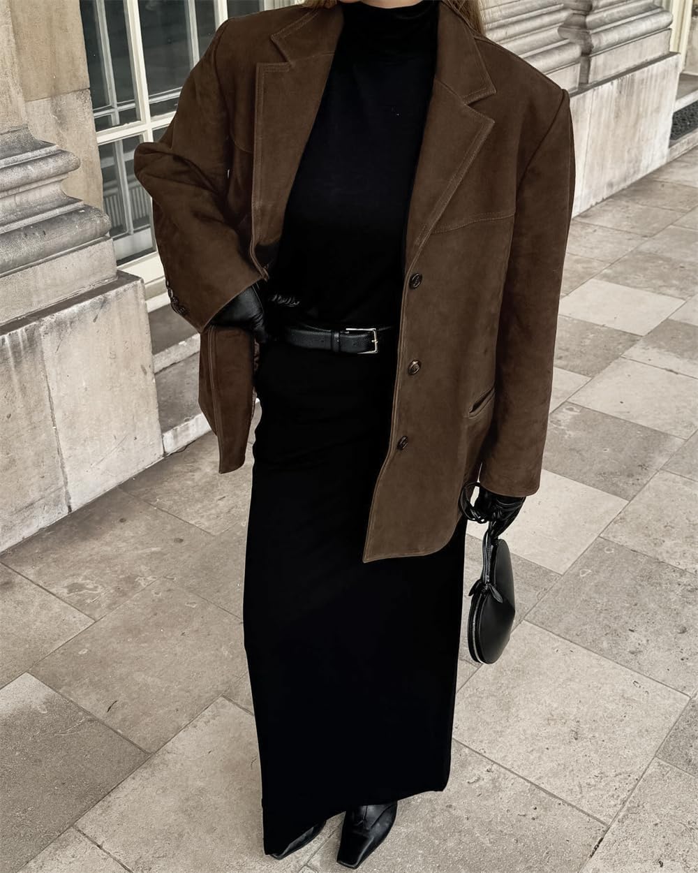 Women's Vintage Faux Suede Blazer Jacket Notched Lapel Single Breasted Faux Suede Leather Suit Winter Jacket