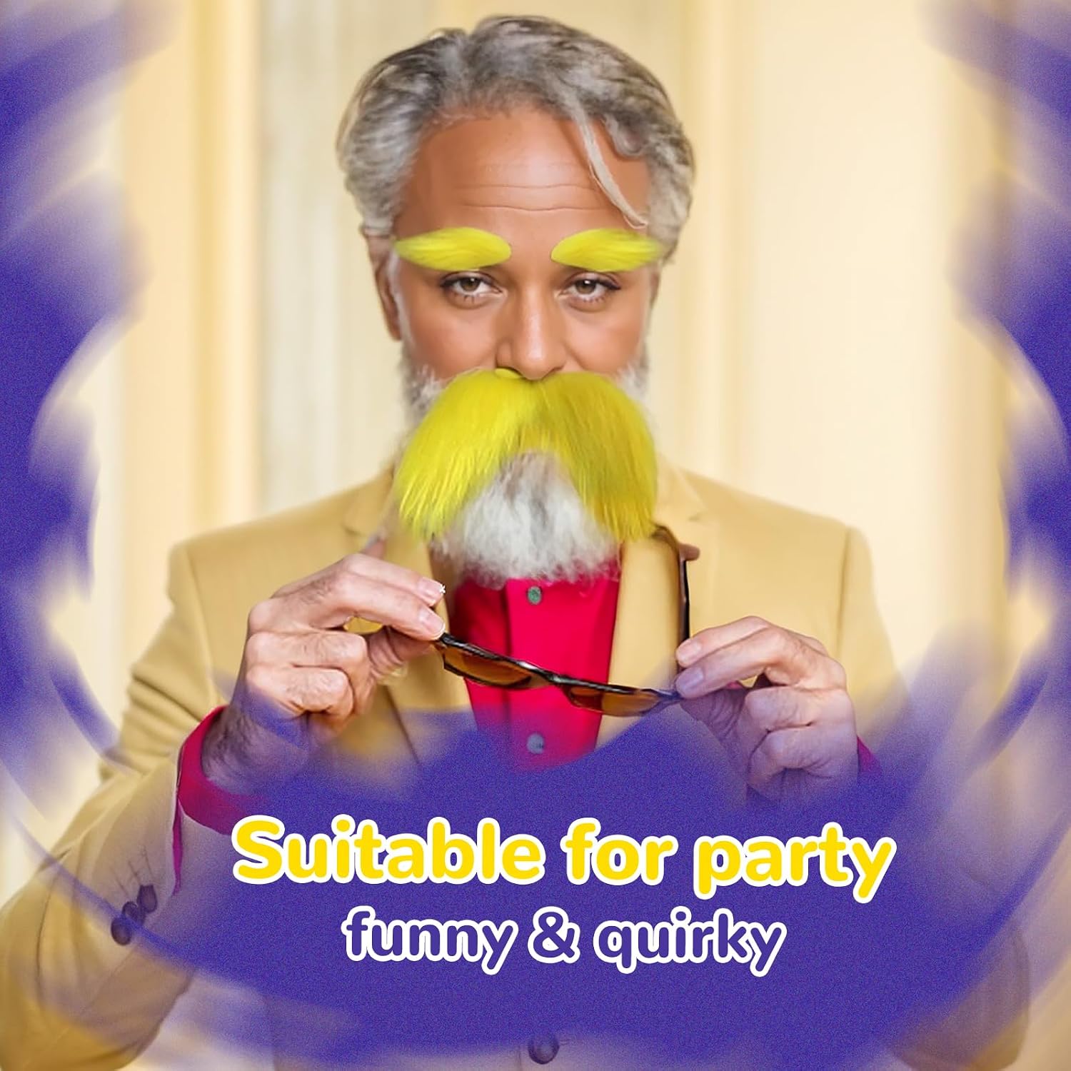 Yellow Mustache and Eyebrows Fake Beard With Glasses,Cosplay Halloween Costume Accessories Funny Party Favor Men Women image 4