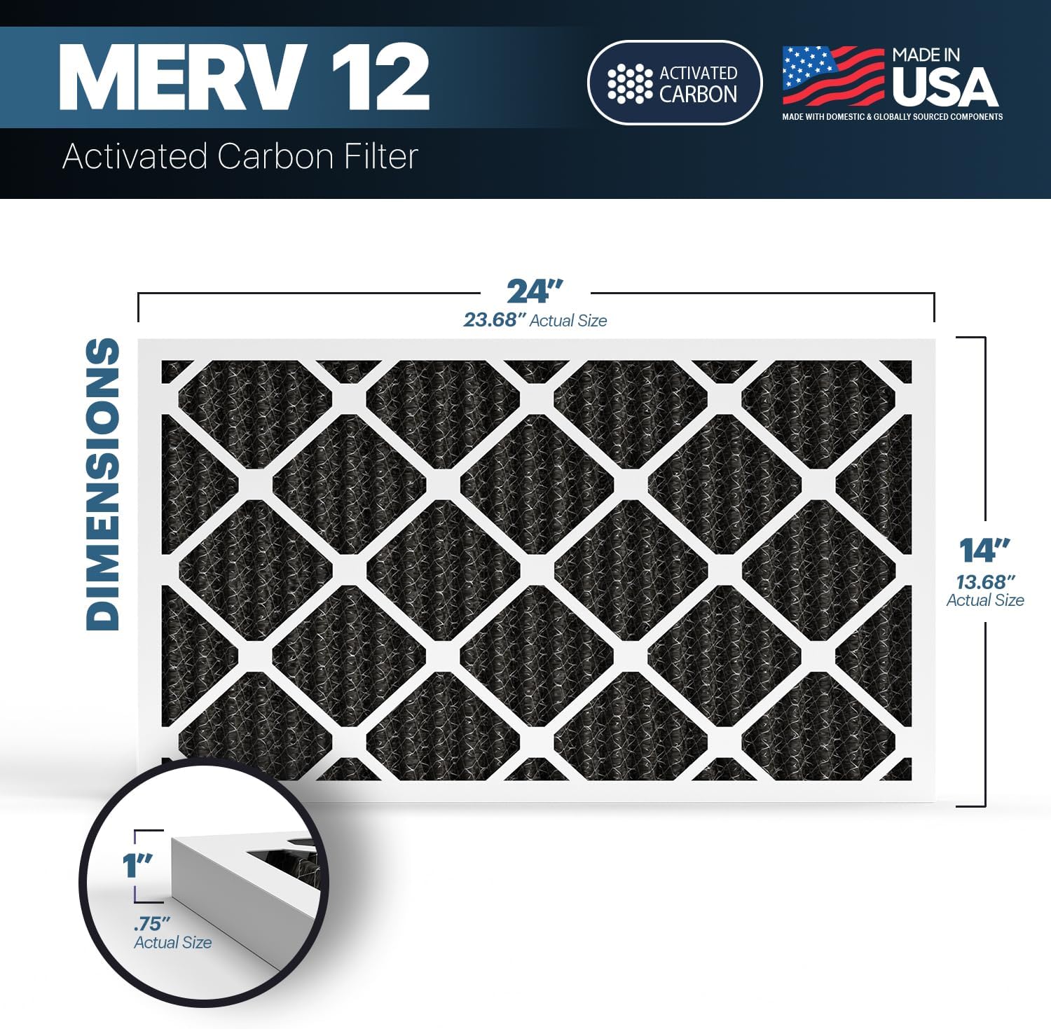 BNX TruFilter 14x24x1 MERV 12 Odor Defense (4-Pack) AC Furnace Air Filter with Activated Carbon - MADE IN USA - Pleated Air Conditioner HVAC AC Furnace Filters - Removes Odor, Mold, Bacteria, Smoke