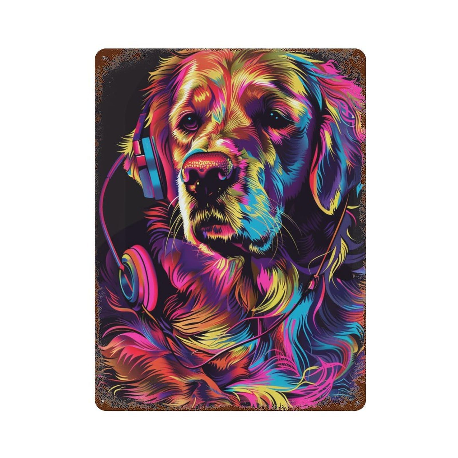 Colorful Dog with Headphones Art Print Rustic Tin Plaque 15.7"x11.8", for Shed, Workshop And Garage Wall Decor, Farmhouse Wall Decor
