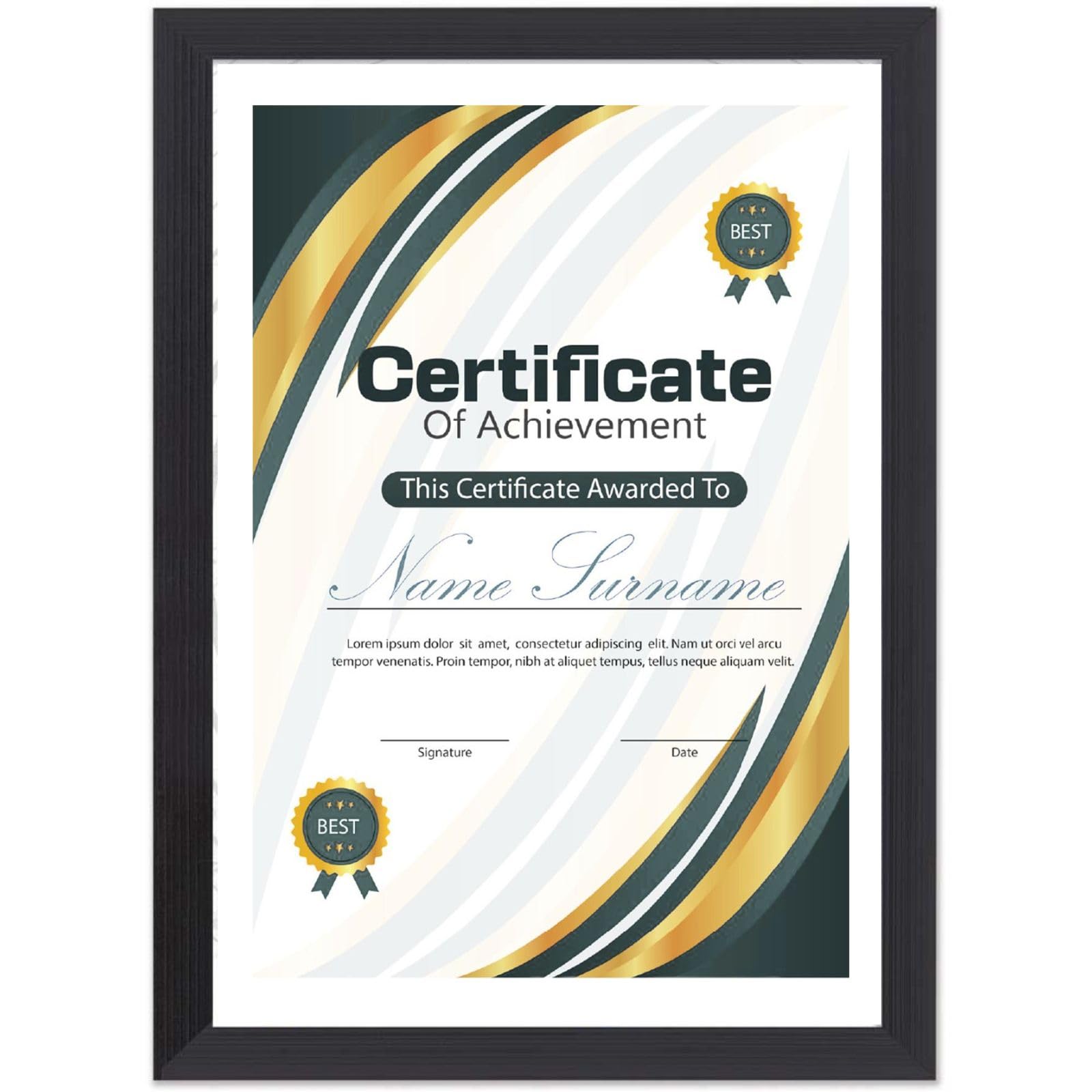 A4 Certificate Frame Black Pack 1 - Ribbed Textured Picture Frames Wall Desk Display - A4 Documents Diplomas Certificates Prints - Wall Mounted Desk Standing Frame Portrait Landscape