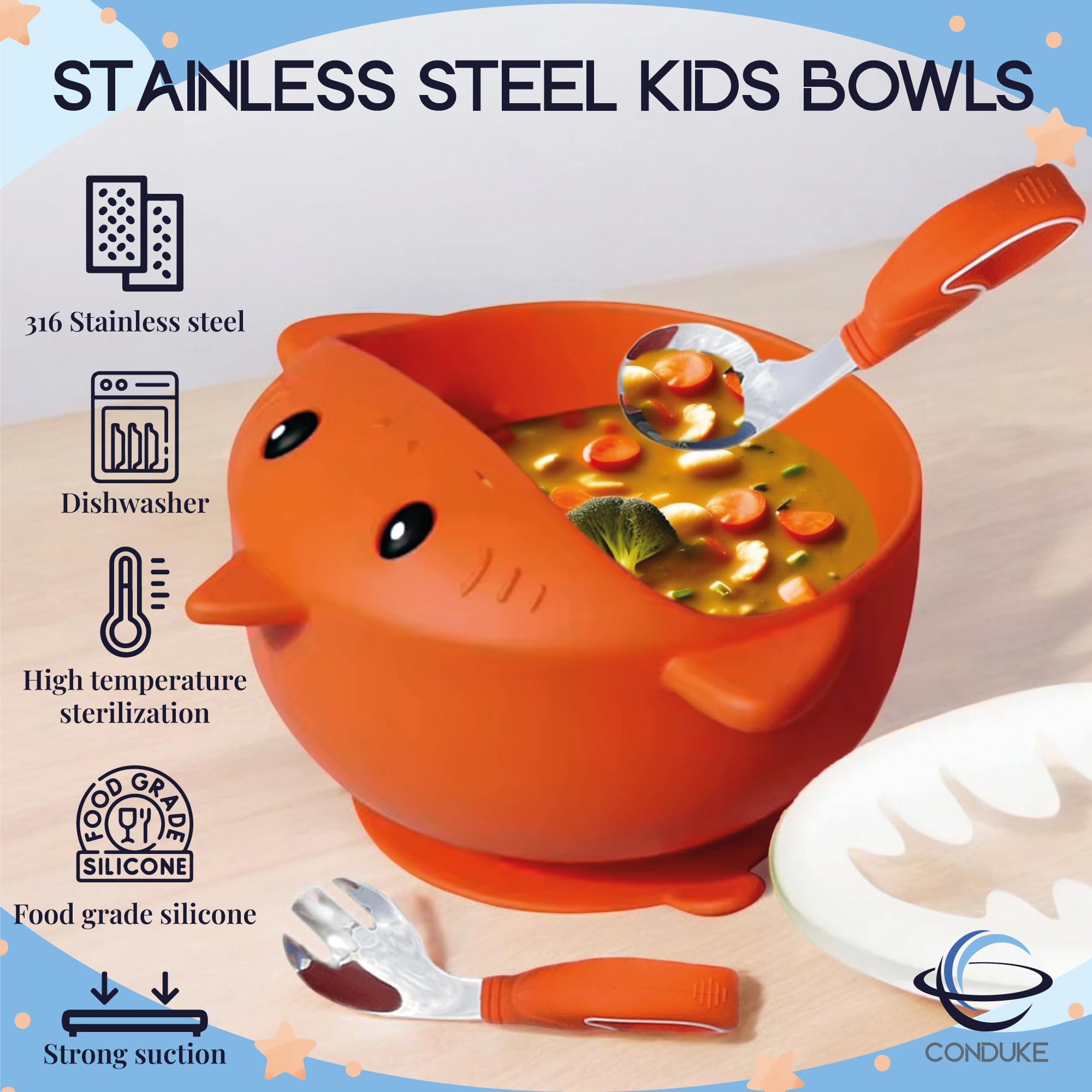 CONDUKE Stainless Steel Kids Plates Ideal for Cereal, Soup, Rice - Bowls for Kids perfect for Meals - Durable Stainless Steel Baby Bowl Colorful with Fork and Spoon (BLUE)