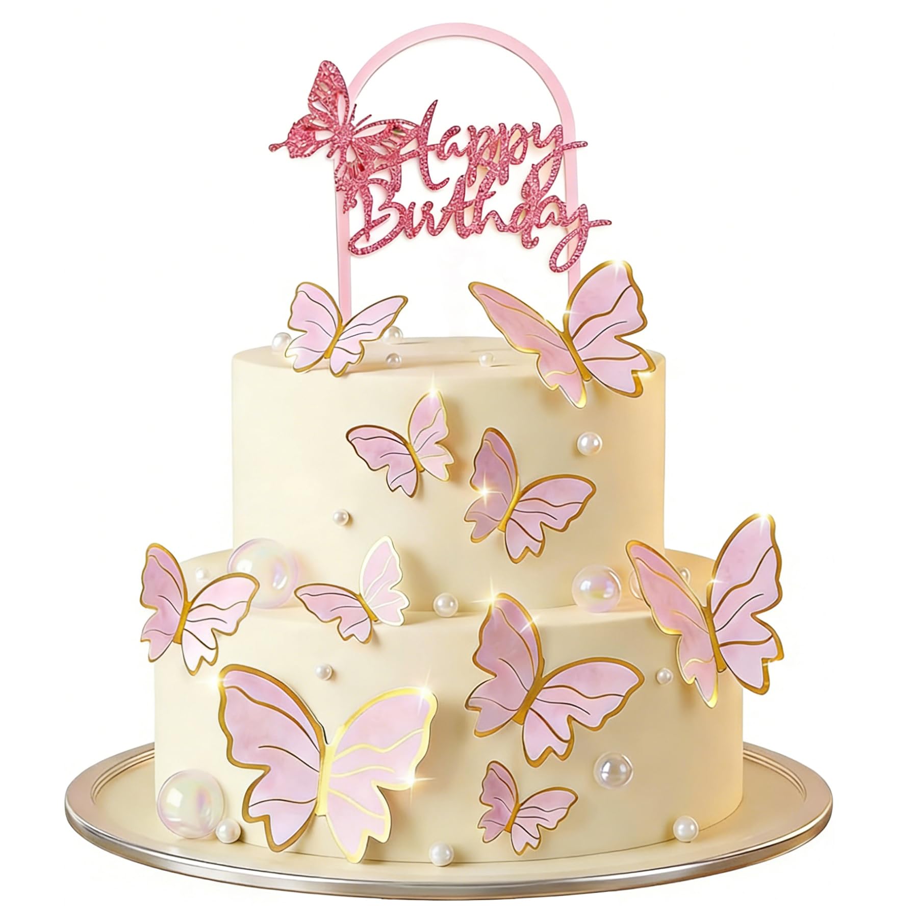 Pink Butterfly Cake Toppers - Butterfly Cupcake Decorations, 12 Pcs Butterfly Cake Toppers Decorations, Acrylic Butterflys Happy Birthday Topper for Family Cupcake, Birthday Party Decorations