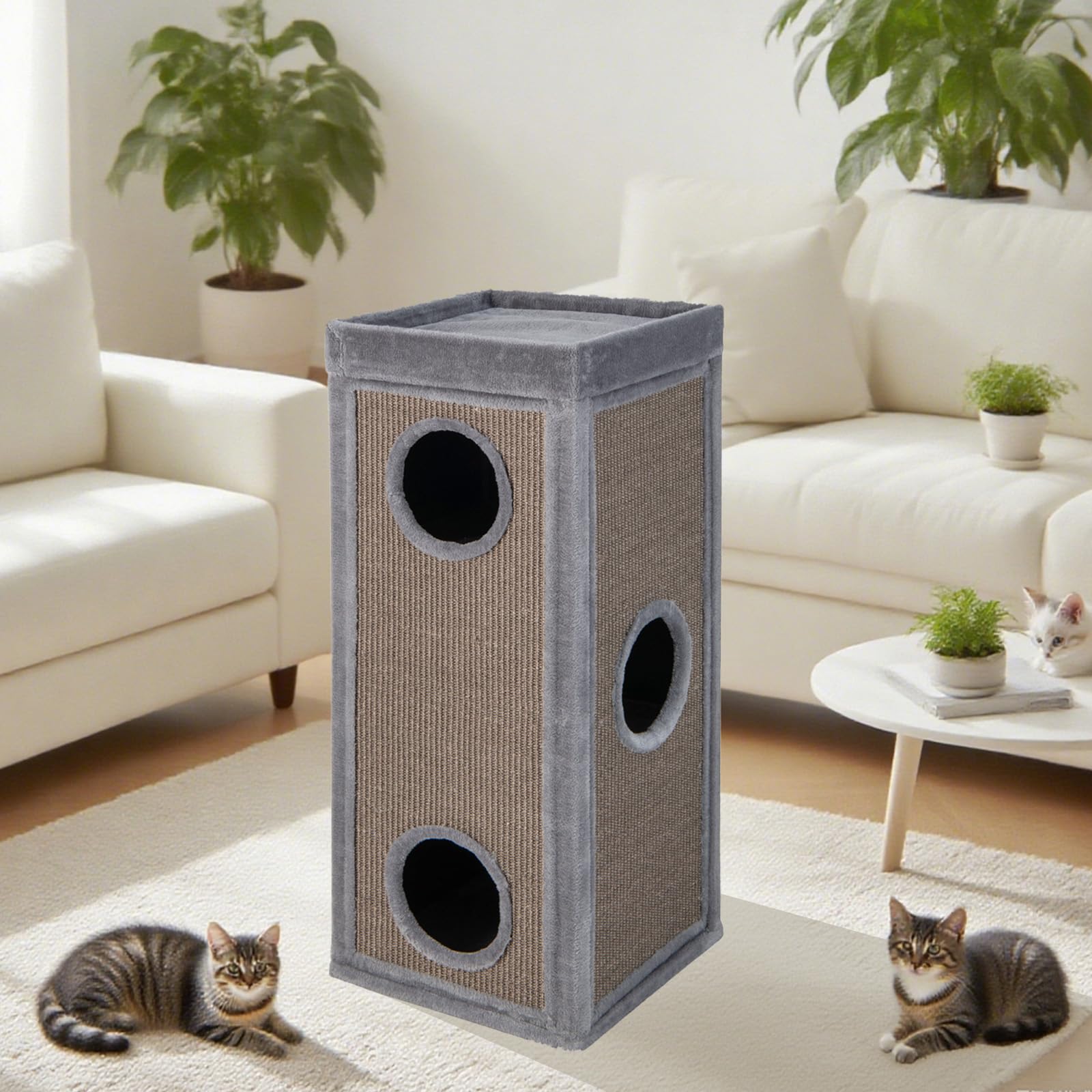 GYMAX Kratztonne 40 x 40 x 99 cm, 4-stöckige Katzentonne mit 3 Höhlen, abnehmbare Plüschkissen & 2 Kratzbretter, Stabiler Kratzbaum für kleine & große Katzen (Grau)