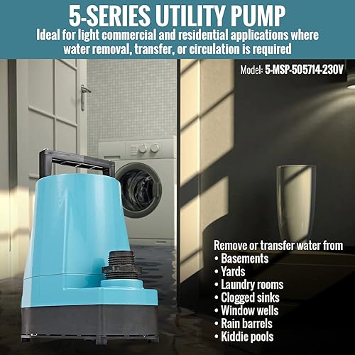 Miniatura 4 de Little Giant Bomba de utilidad manual de aluminio de 5-MSP 230 voltios, 16 HP, 1500 GPH, cable de 12 pies (sin enchufe), azul, 505714