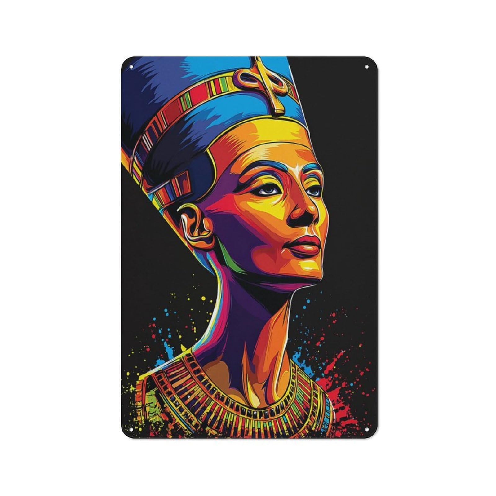 Junmoney Colorful Egyptian Queen Portrait-1 Decorative Tin Plaque With Colorful Egyptian Queen Portrait Design 30X20cm, Classic Novelty Wall Art For Flat, Dorm Room, Lounge Or Cafe