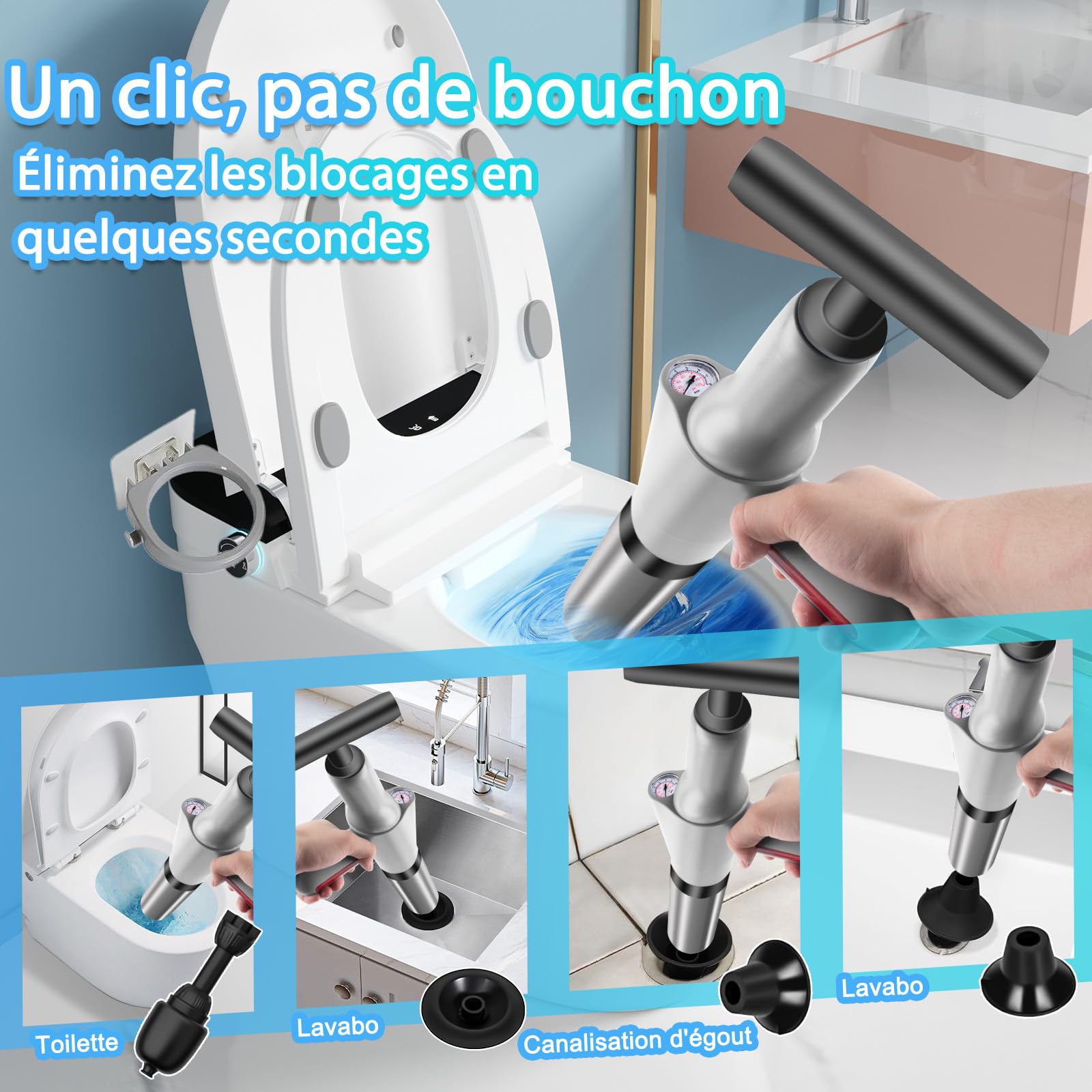 Déboucheur WC Haute Pression avec Manomètren, Ventouse Deboucheur à 4 Ventousesl, Déboucheur de Toilette à Air Comprimé pour Lavabo, Toilettes, Salle de Bain, Douche et Cuisine
