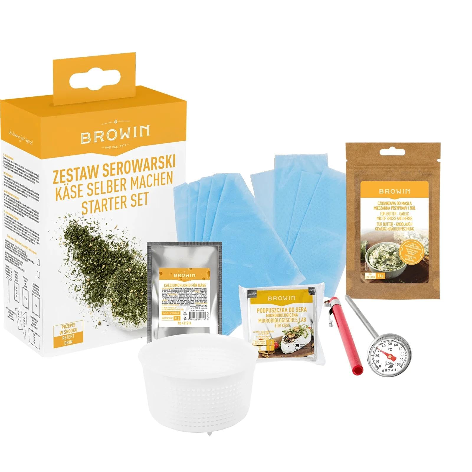 Craftguru Set zur Käseherstellung, Komplettes Käserei-Starterset mit Käseform 10x10x5,5 cm, Lab, Calciumchlorid, Käsetuch, Thermometer, für bis zu 10 kg Käse