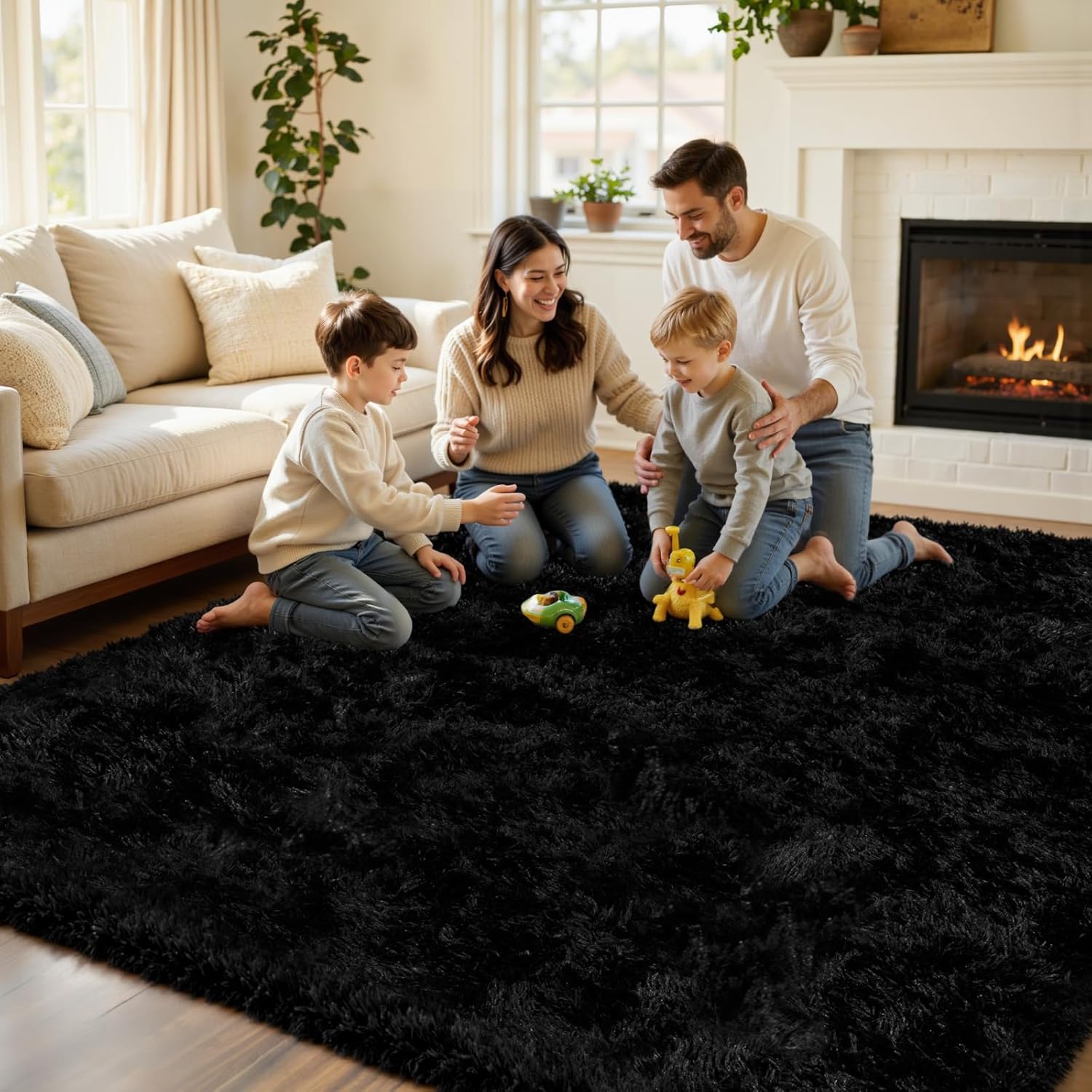 4x6 Area Rug for Living Room, Ultra Soft Fluffy Shag Rugs for Bedroom, Non-Slip Large Fuzzy Plush Rug Indoor Floor Carpet for Nursery Kids Office Dorm Modern Decor, Black