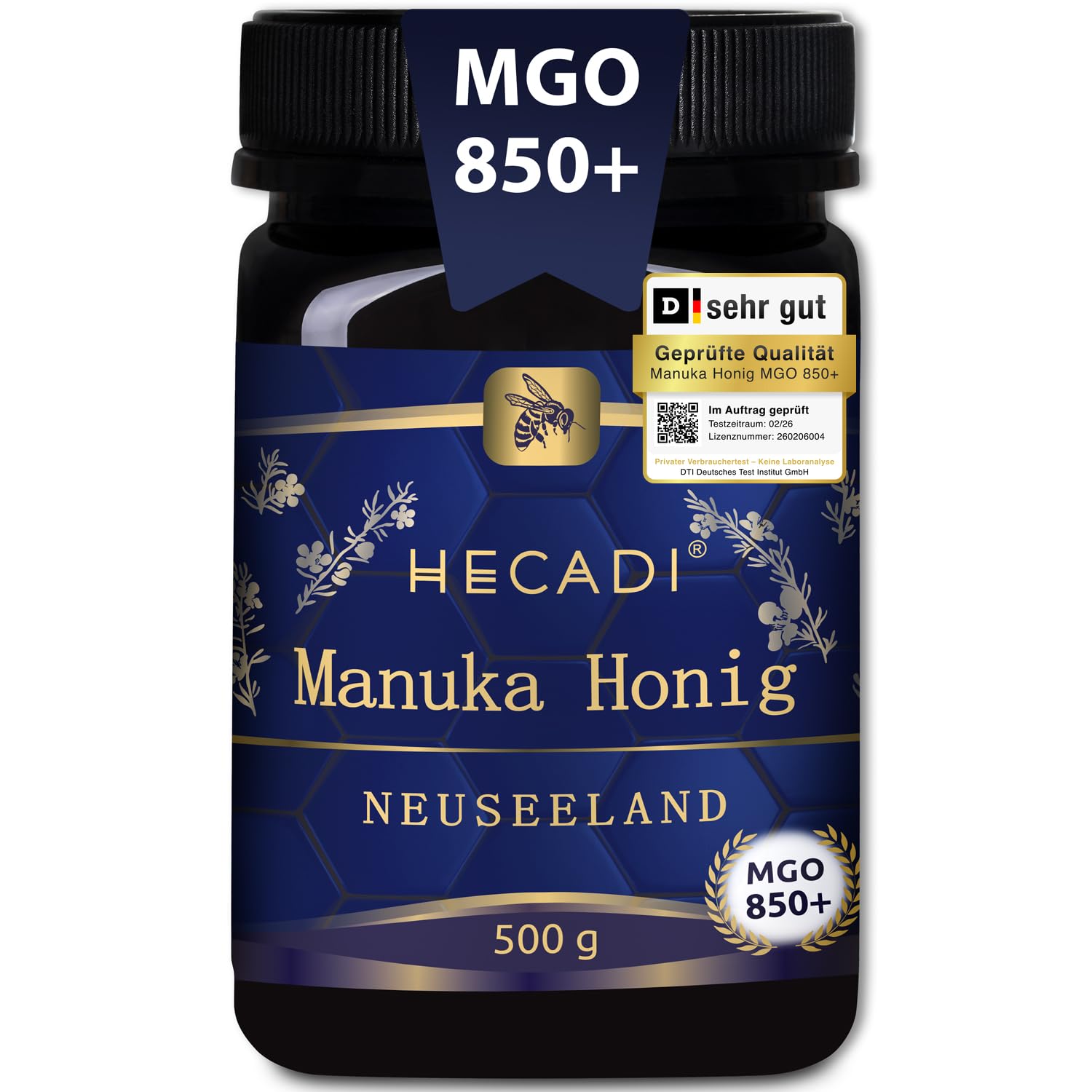Manuka Honig 850+ MGO Hecadi® I Original Honig aus Neuseeland I mit zertifiziertem und Garantiertem Inhalt von MGO I 500 g