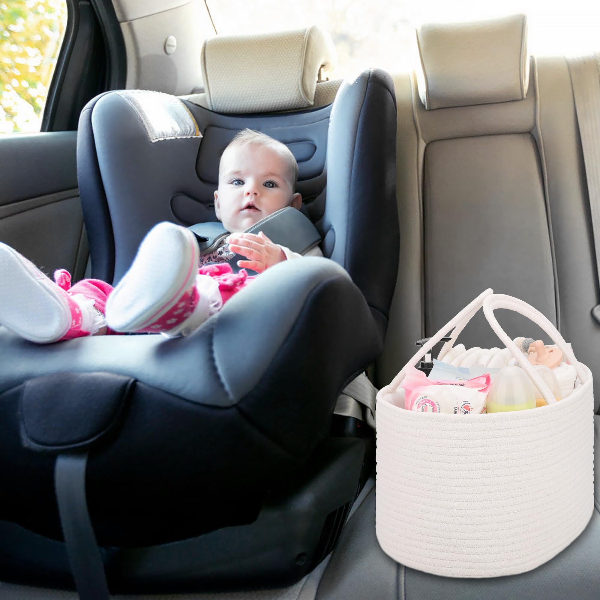 COMSE Large Nappy Caddy Organizer for Girl Boy Baby Car Diaper Caddy with Handles, Cotton Rope Diaper Basket - Image 4