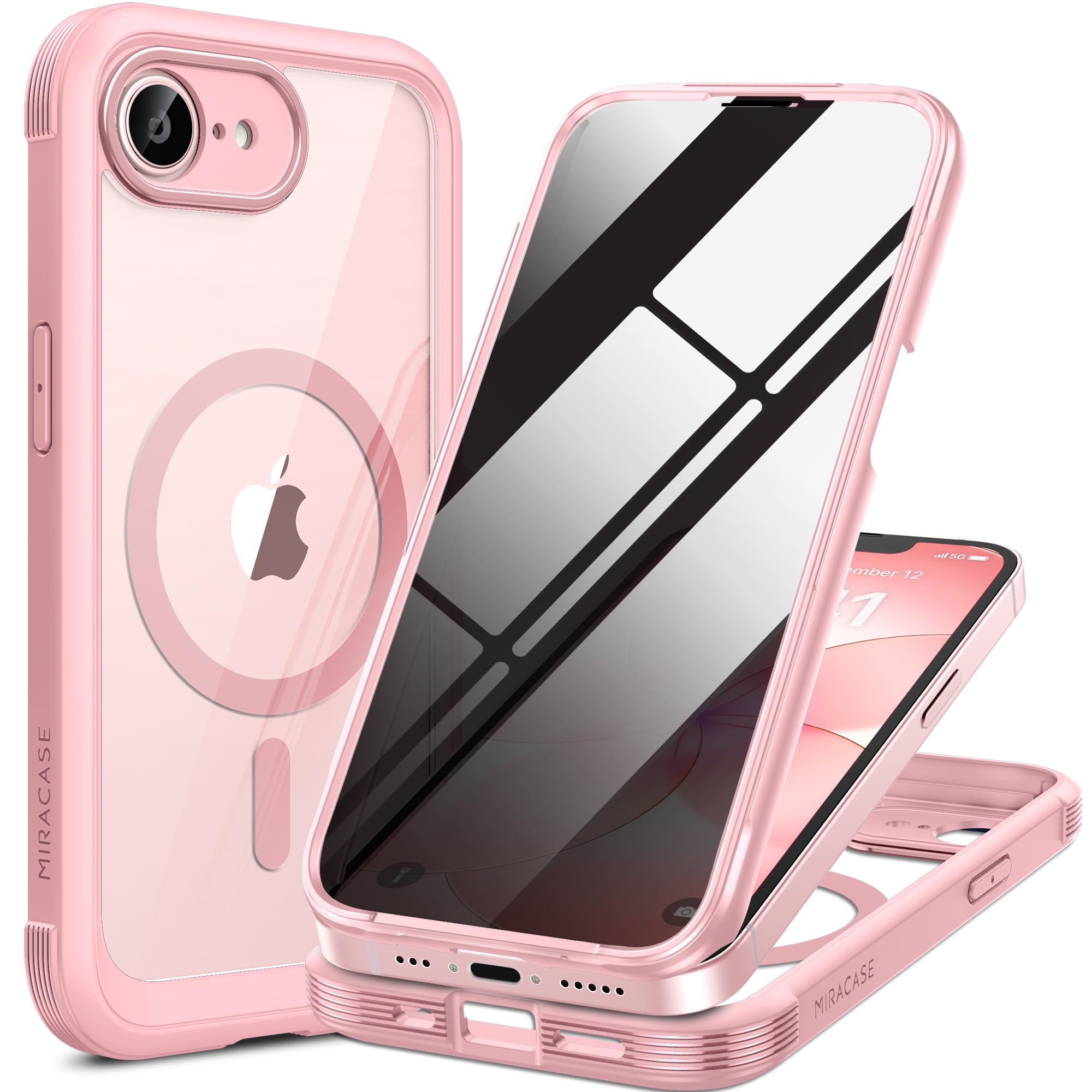 Miracase for iPhone 17e &amp; 16e Case with Built-in Private Screen Protector, [Magnetic with MagSafe] Full-Body Phone Cover Military Drop Proof 17 E/ 16 E Bumper 6.1 inch, Pink