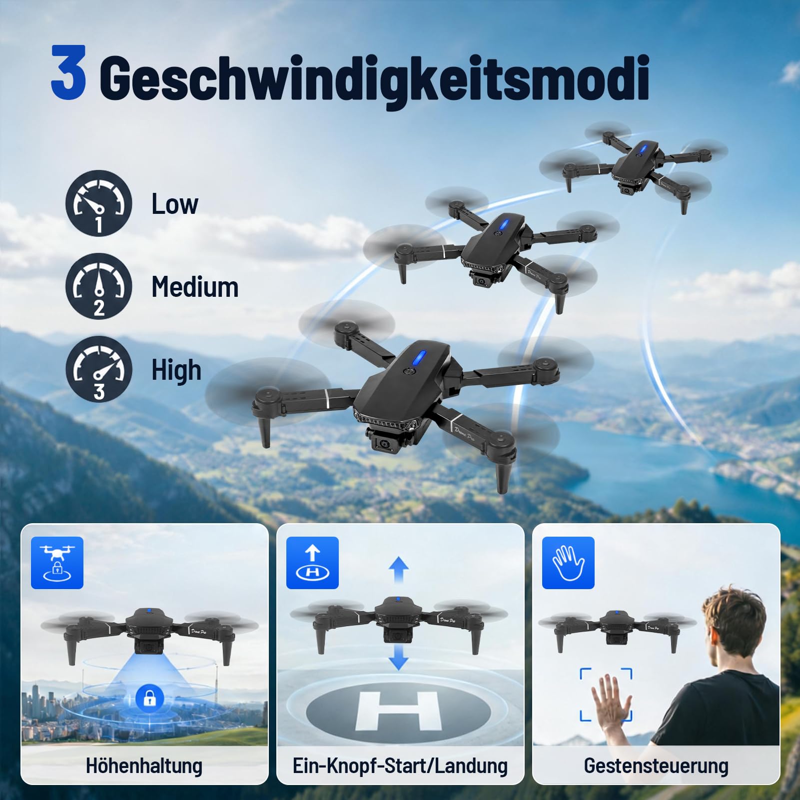 Drohne mit Kamera HD 4K,RC Faltbare FPV WiFi Live Ãœbertragung Drohne für Kinder Anfänger,2 Akku Lange Flugzeit,Headless Modus,Flugbahnflug,Hindernisvermeidung,One Key Start/Landen,Headless Modus