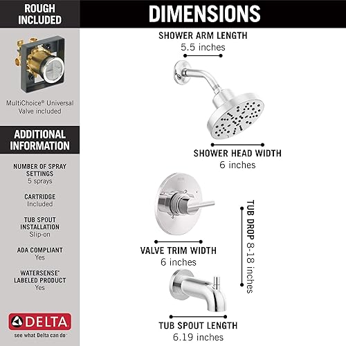 Miniatura 4 de Delta Faucet Nicoli 14 Series - Kit de molduras de ducha y bañera de un solo mango, grifo de ducha con cabezal de ducha H2Okinetic de 5 Cromado,Mate