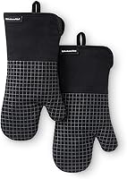 KitchenAid Gourmet Series Gridlines Oven Mitts 2-Pack - 600°F Heat Resistant, Silicone Grip, Magnetic Cuffs, Matte Black 7x14"