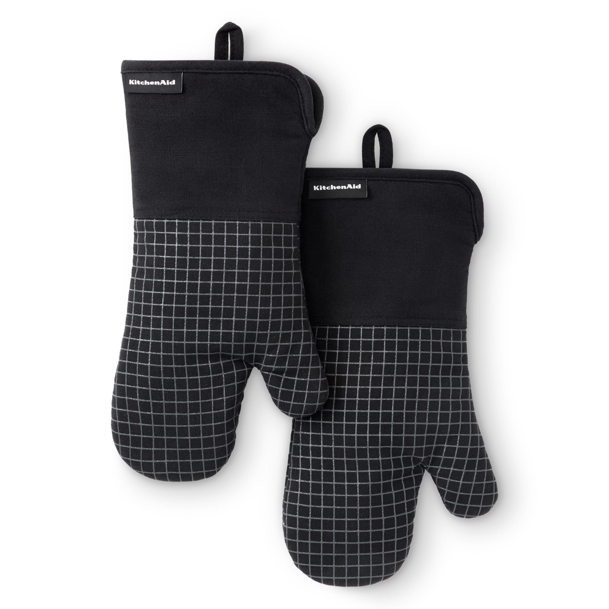 KITCHENAID Gourmet Series Gridlines Oven Mitts 2-Pack Set, Heat Resistant up to 600°F, Soft Silicone Grip, Magnetic Cuff, Matte Black, 7