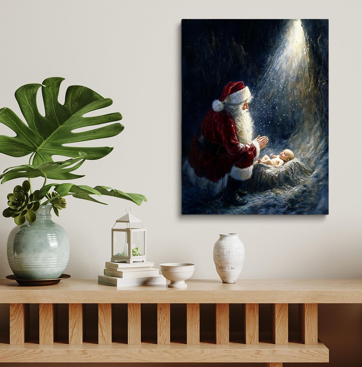 Santa And Christ Child Wall Art,Kneeling Santa,Santa Kneeling,Santa Nativity,Baby Jesus Manger Poster, Santa Kneeling At Manger,Christ Child In Manger Print,Jesus And Santa Art 16x24inch Framed Art