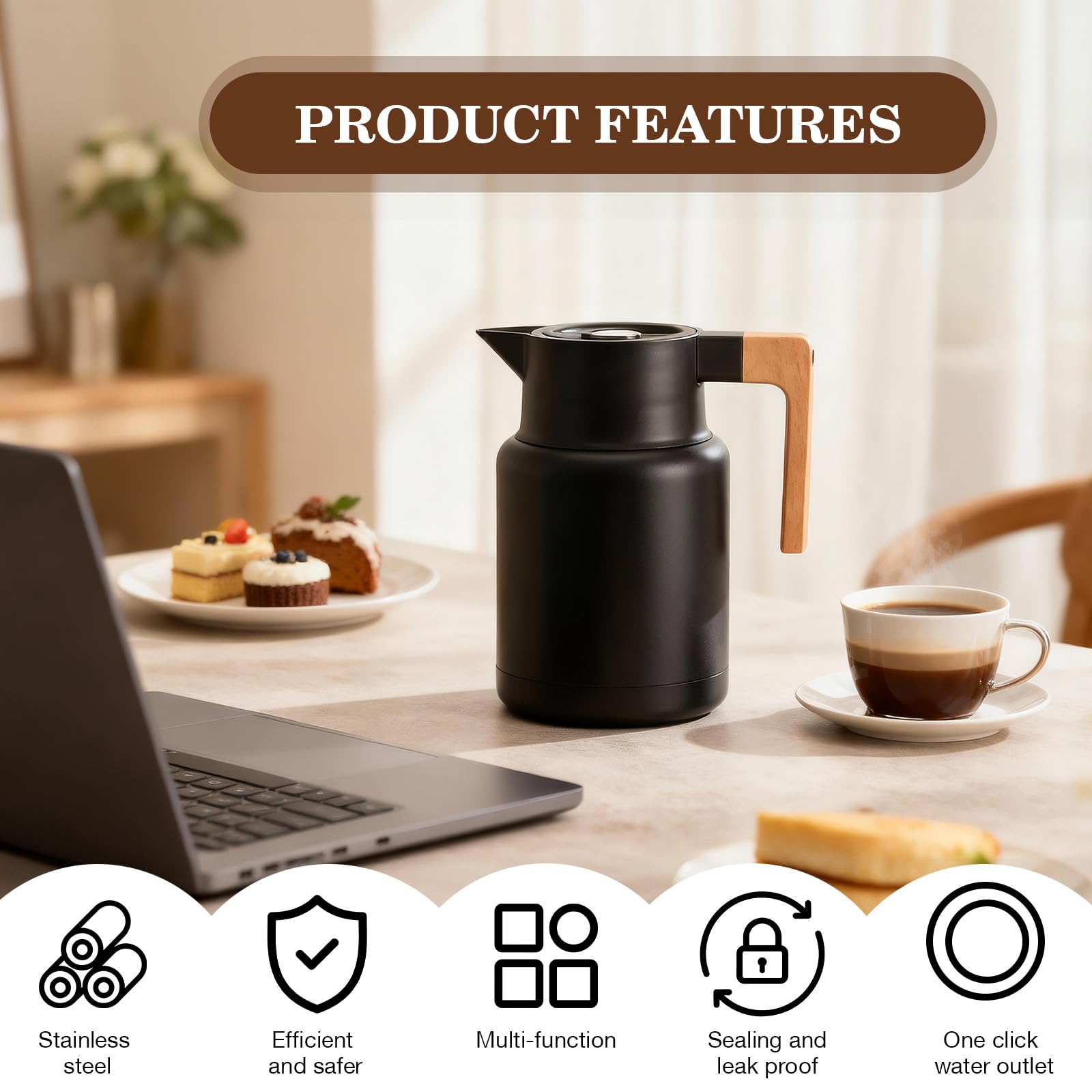 VINATO Thermos Café en Acier Inoxydable 304 - Pichet Isotherme Sans BPA avec Poignée Effet Bois, Étanche pour Café, Thé et Lait, Bouteille Isotherme 1,5L