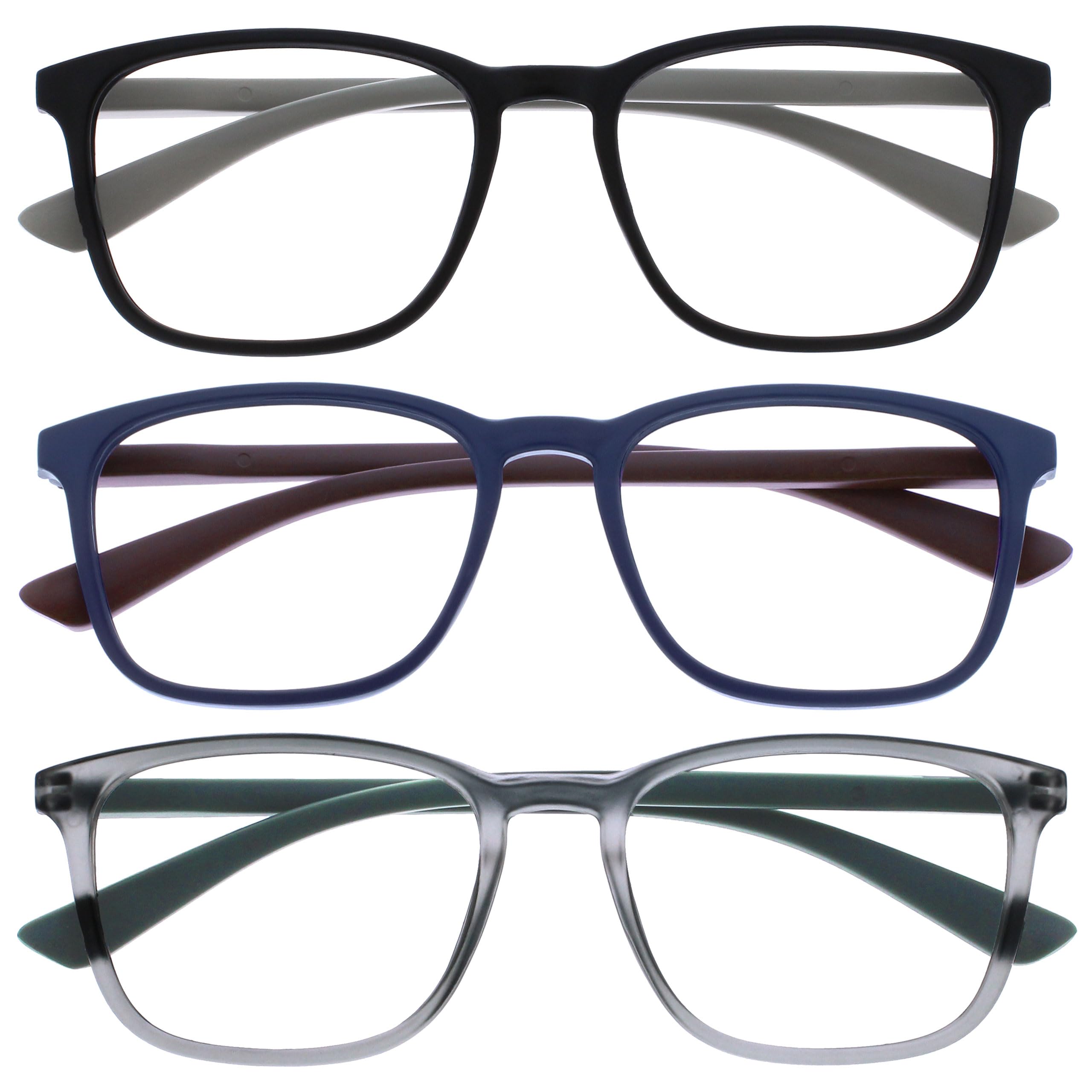 OPULIZE Max Gafas de Lectura - Pack de 3 - Marco Rectangular Clásico Grande - Negro Mate Azul Gris - Unisex Hombres Mujeres - Bisagras de Resorte - RRR78-137 - +1.50